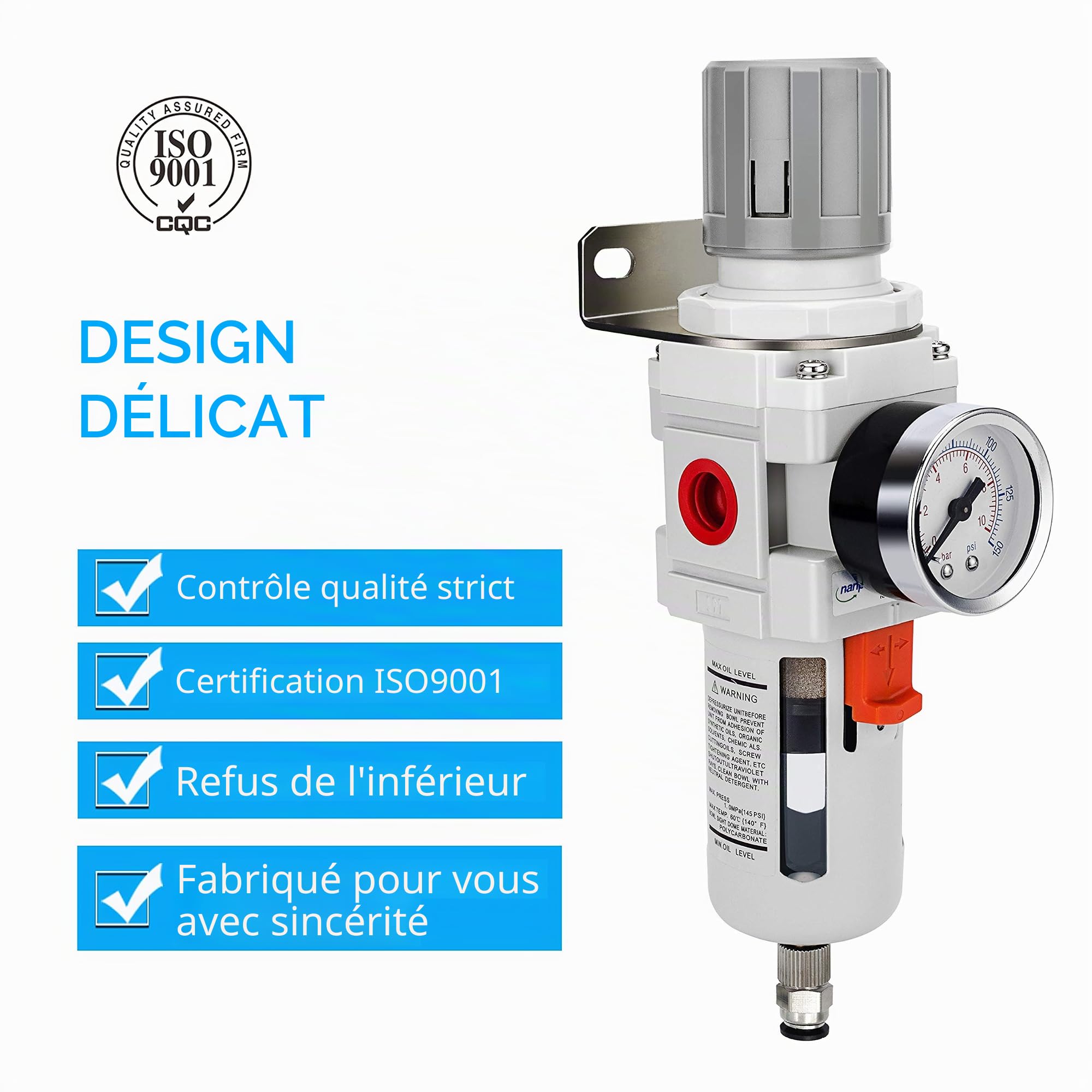 NANPU 3/8" BSPP Filtre Régulateur d'Air Comprimé Séparateur Eau-Huile - Manomètre (0-10 Bar), Réservoir En Polycarbonate, Décharge Semi-automatique, Support En Métal