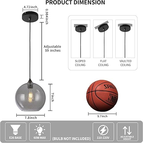 Miniatura 2 de Luces colgantes de cristal gris, iluminación de isla de cocina, globo colgante, lámparas colgantes modernas para cocina, isla, dormitorio, sala de