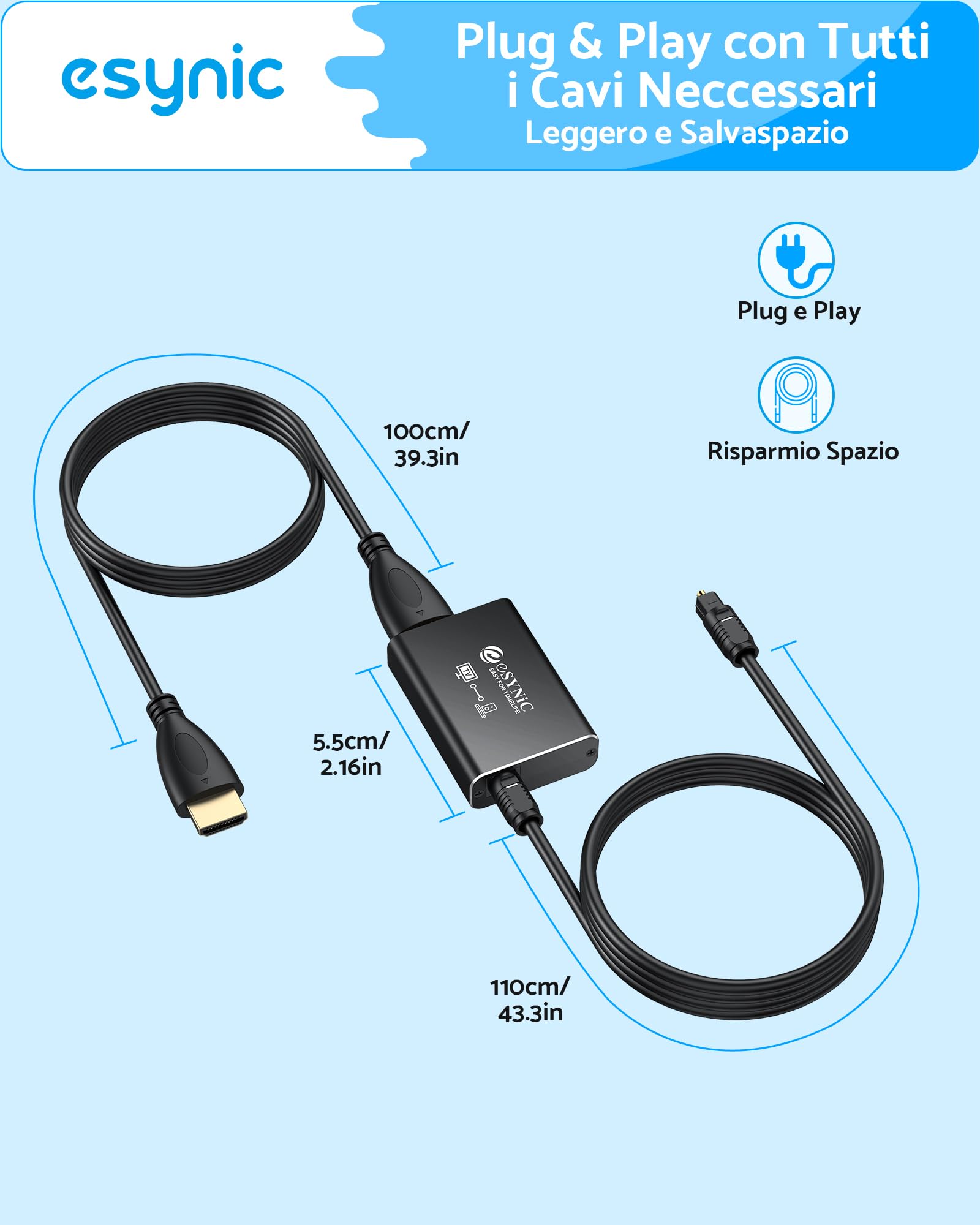 eSynic 192KHz Convertitore Audio da eARC/ARC HDMI a Ottico per HDTV a Soundbar Cuffie Wireless Home Theater, eARC ARC Audio Extractor Professionale, Cavi HDMI e Ottico Inclusi, Supporta 5.1ch e 2.0ch