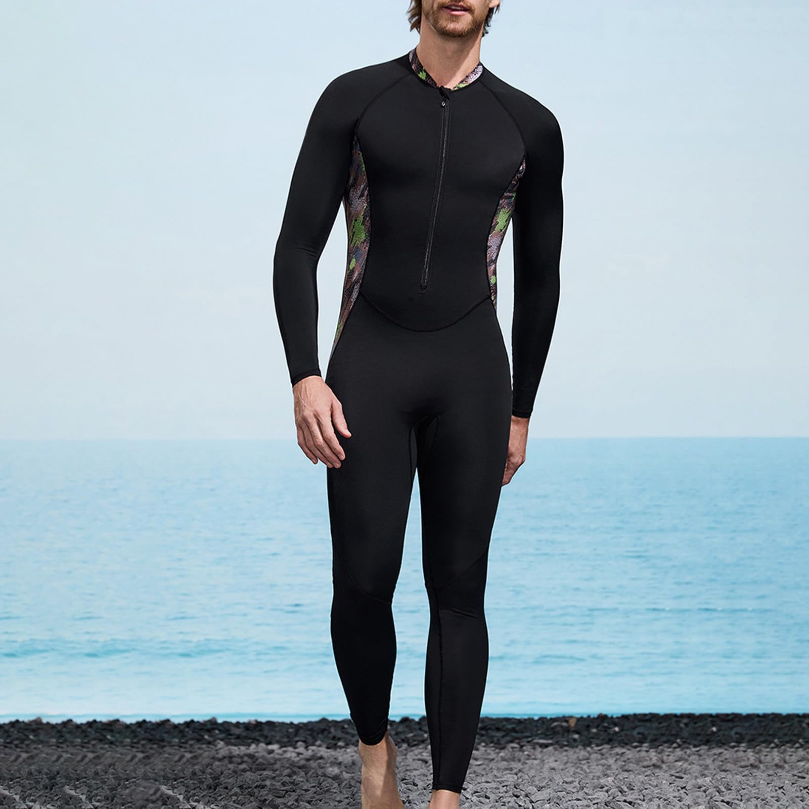 Mute da uomo a lunghezza intera, con cerniera, a maniche lunghe, tinta unita, costume da bagno elasticizzato per immersioni, costume da bagno sportivo da nuoto, costume da bagno casual