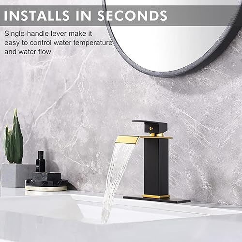 Miniatura 6 de Grifos de baño en cascada de 1 agujero, negro mate y dorado brillante, grifo de lavabo de acero inoxidable sin plomo de un solo orificio con drenaje