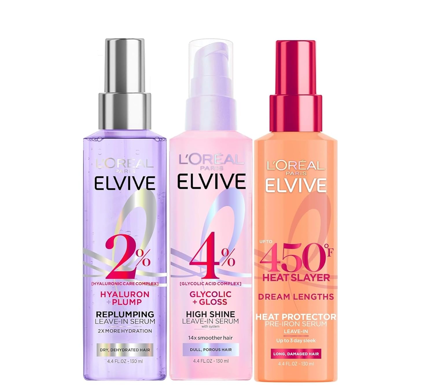 L'Oreal Paris Elvive Glycolic + Gloss High Shine & Hyaluron Plump Moisture Plump & Dream Lengths Heat Leave-In Hair Serum Bundle, 3 Pack, 4.4 Fl Oz Each