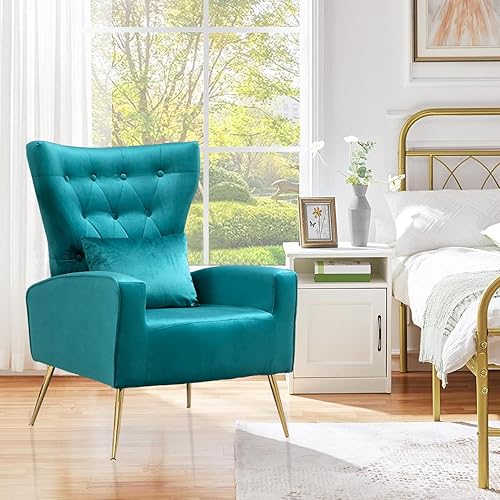 Miniatura 12 de Silla moderna de terciopelo para sala de estar, dormitorio, silla con respaldo alado con brazo y patas doradas, silla auxiliar de recepción de