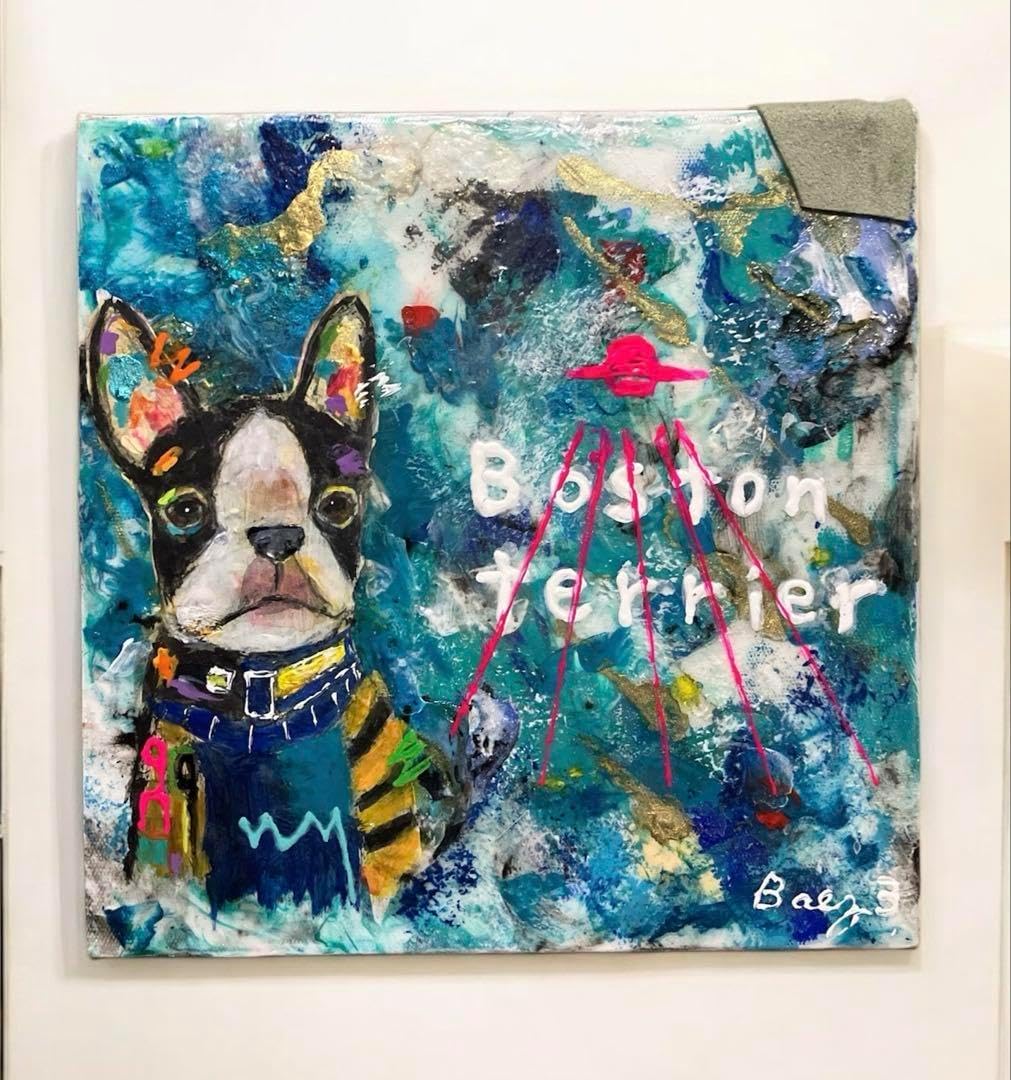 アクリル画 ボストンテリア 犬 宇宙 キャンバス ポーリングアート
