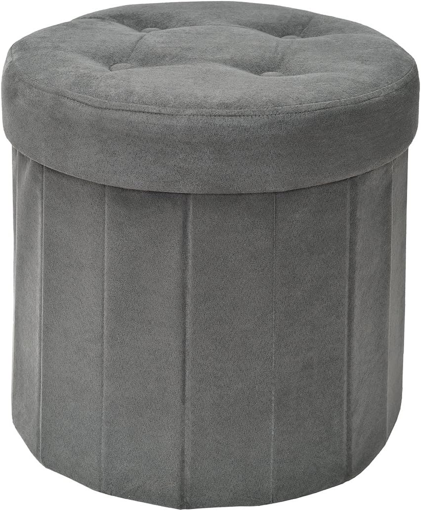 Fresh Home Elements FHE 15” Round Tufted Folding Storage Ottoman, 15 x 15 x 15, Grey Microsuede Fabric, Easy Transformation for Extra Storage, Seating, and Foot Rest, Family, Guests, Decluttering