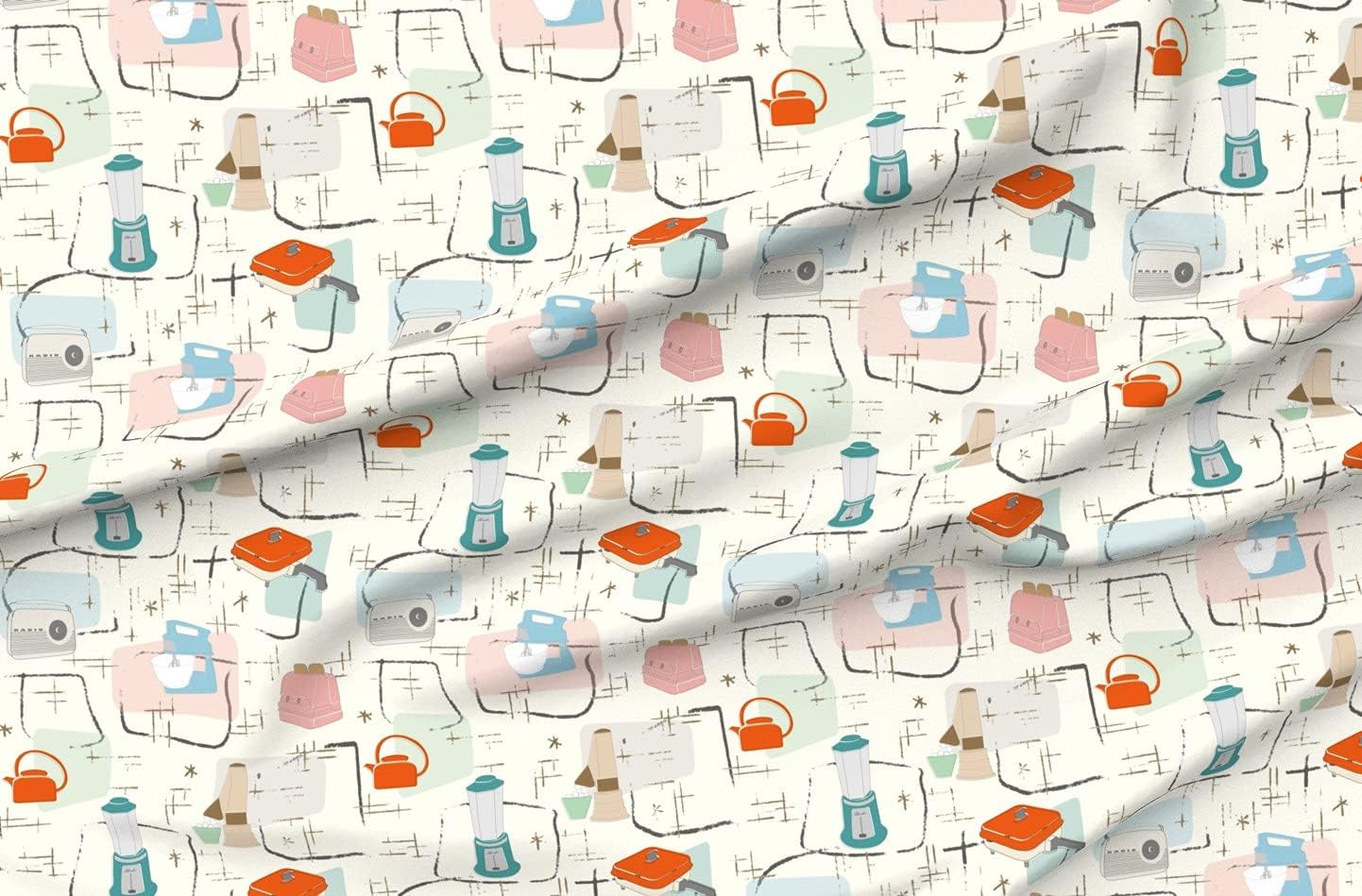 Spoonflower Fabric - 1950S Kitchen Mid Century Pastel Printed on Petal Signature Cotton Fabric Fat Quarter - Sewing Quilting Apparel Crafts Decor