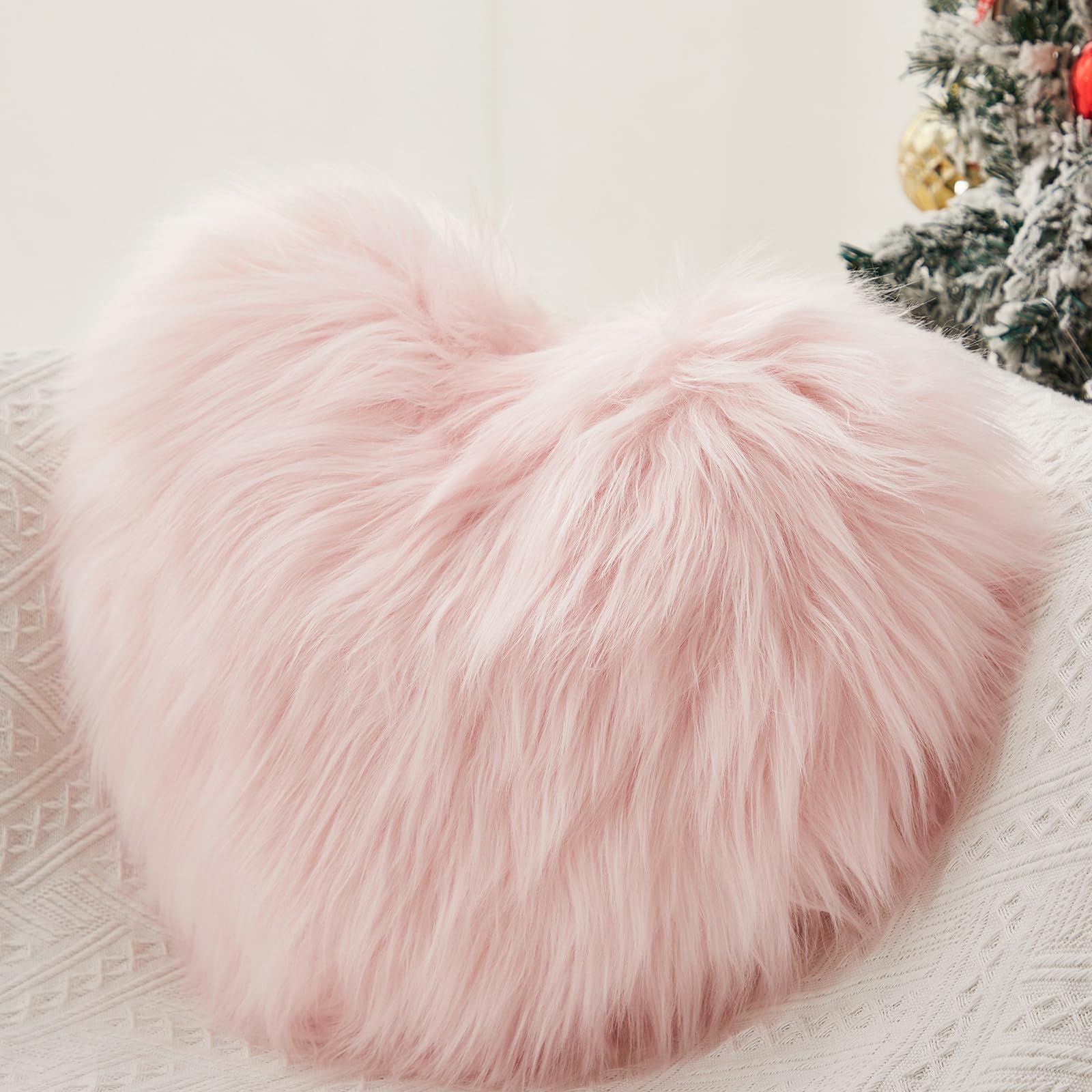 Fluffy Heart Pillows Super Soft Heart Shaped Throw Pillows Faux Fur Sofa Cushions Valentines Day Decorations Indoor (Pink, 40cm/16inch)