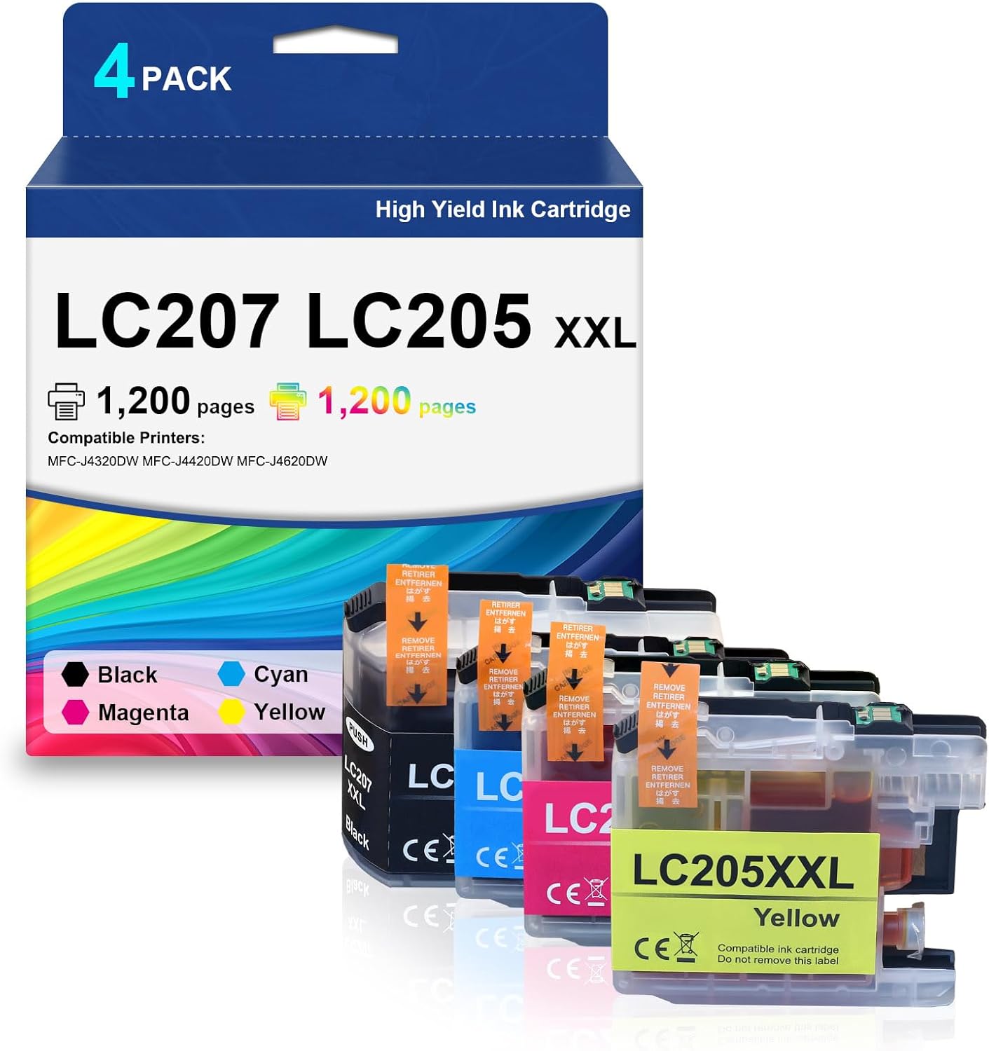 Super High Yield LC205 LC207 XXL Ink Cartridges 4-Pack Replacement for LC 205 LC 207 Ink Use for MFC-J4320DW MFC-J4420DW MFC-J4620DW Printer for LC207BK LC205C LC205M LC205Y