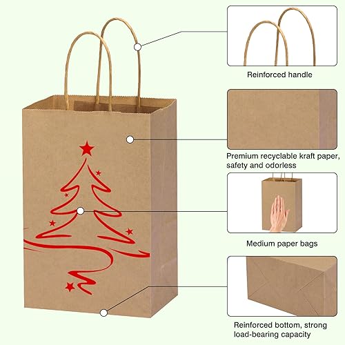 Miniatura 3 de OUTUXED 60 bolsas de papel marrón con asas, bolsas de regalo de estraza de 8 x 4 x 10 pulgadas con asas, tamaño mediano a granel para recuerdos de