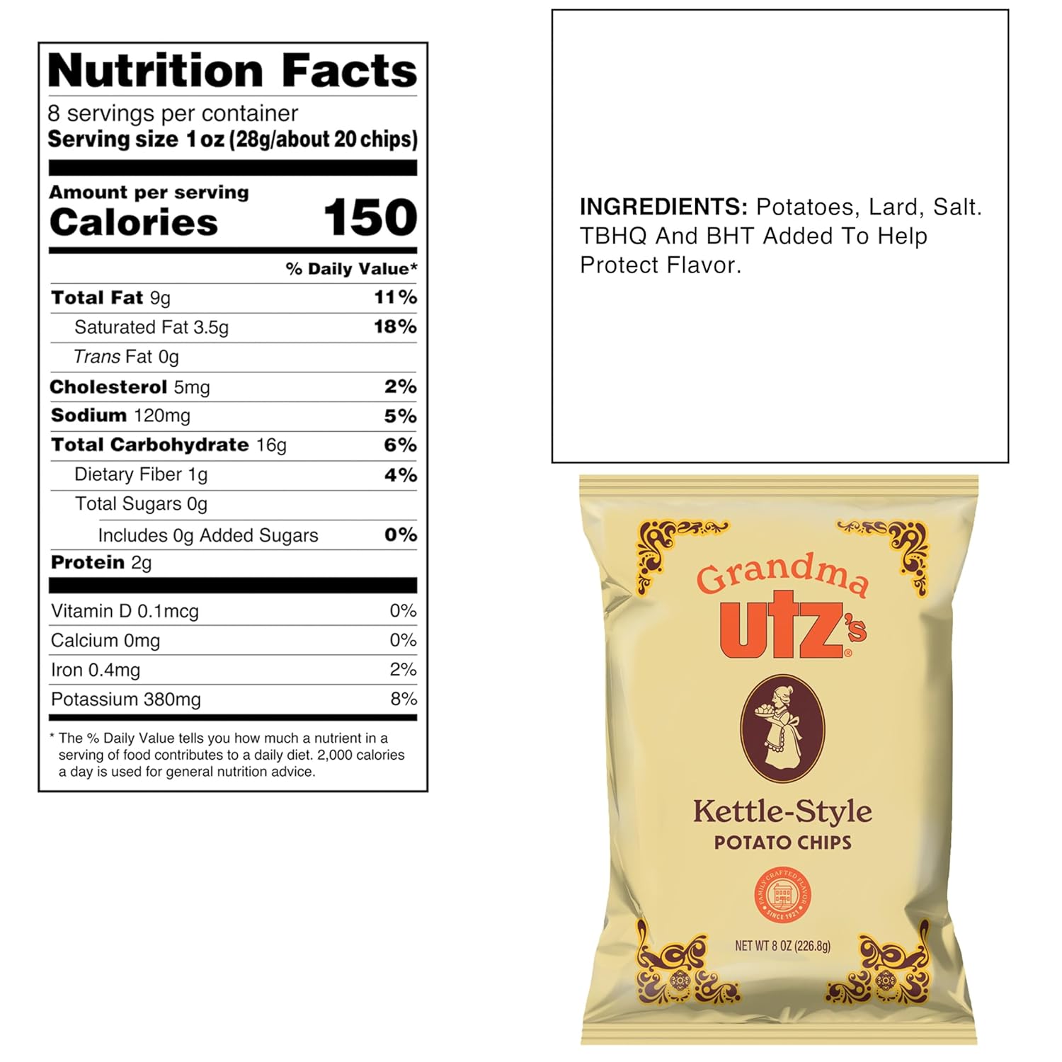Utz Grandma Utz Kettle-Style Potato Chips, Original, 8oz Bags, 10 Count Case Pack – Old-Fashioned Potato Chips Cooked in Lard for Classic Flavor & Crunch