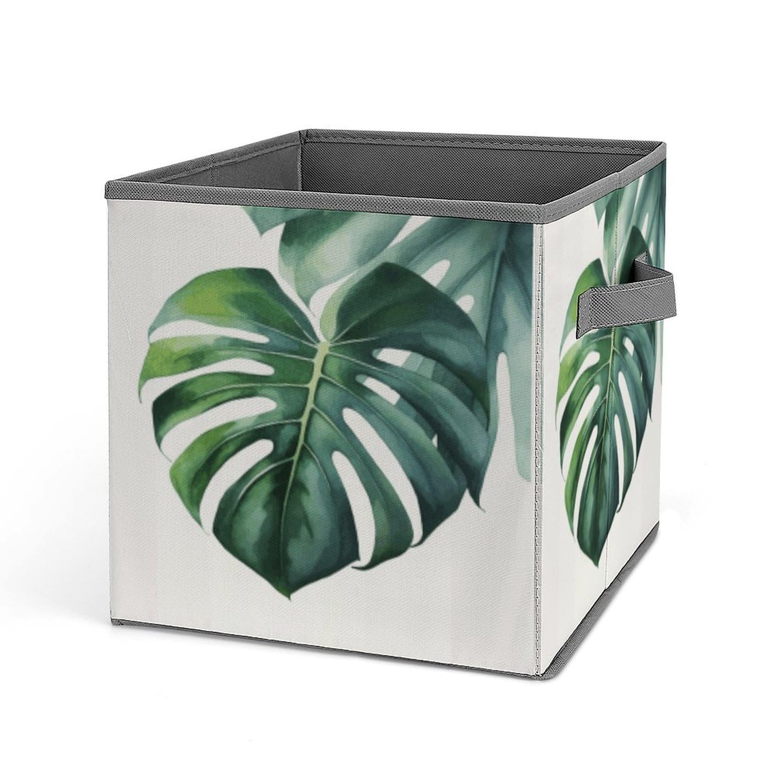 DWVTSLH Watercolor Monstera Leaf Cube Storage Bins with Handle, Foldable Storage Cubes, 11 Inch Large Storage Baskets, Washable Fabric Closet Organizer for Shelves, Decorative Clothes Storage Boxes
