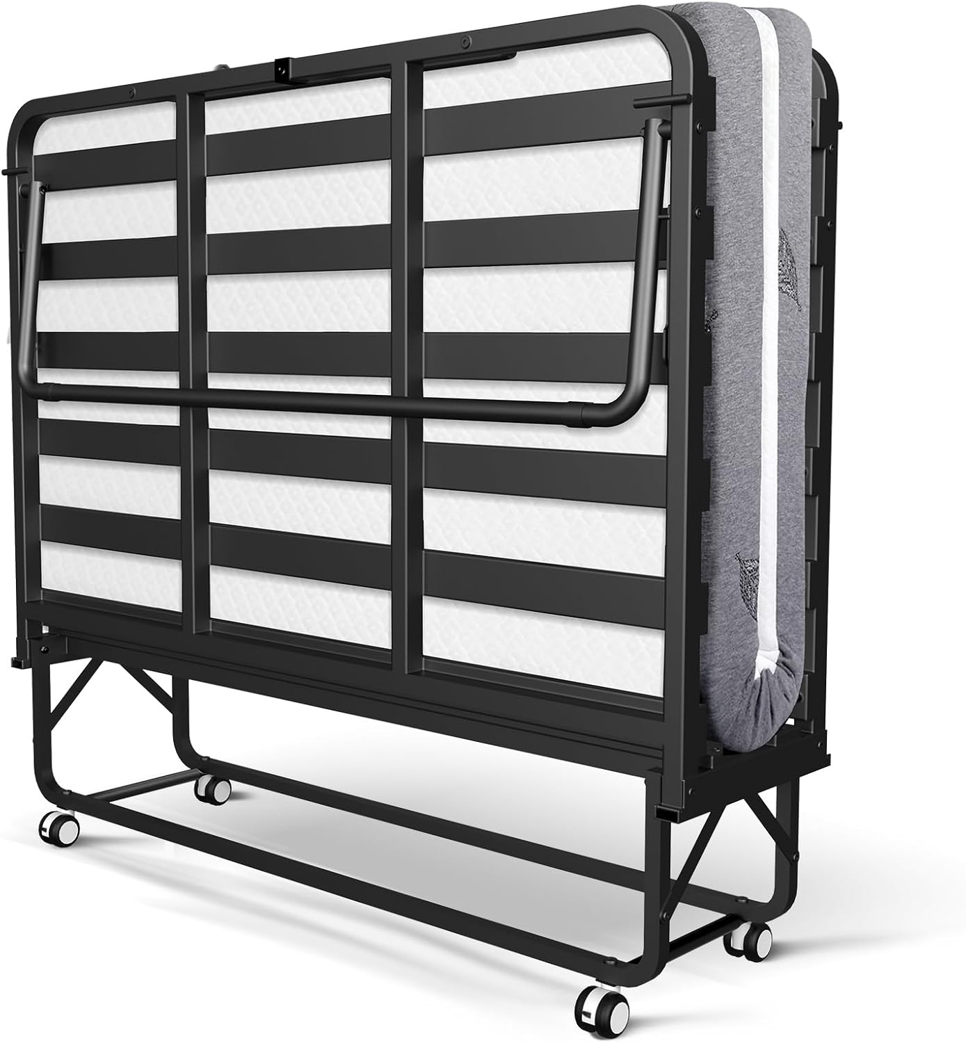 75" x 46" Folding Bed with Mattress, Portable Rollaway Guest Bed for Adults, Strong Metal Frame and Wood Slat, Side Storage Pocket, Mattress with Removable Cover