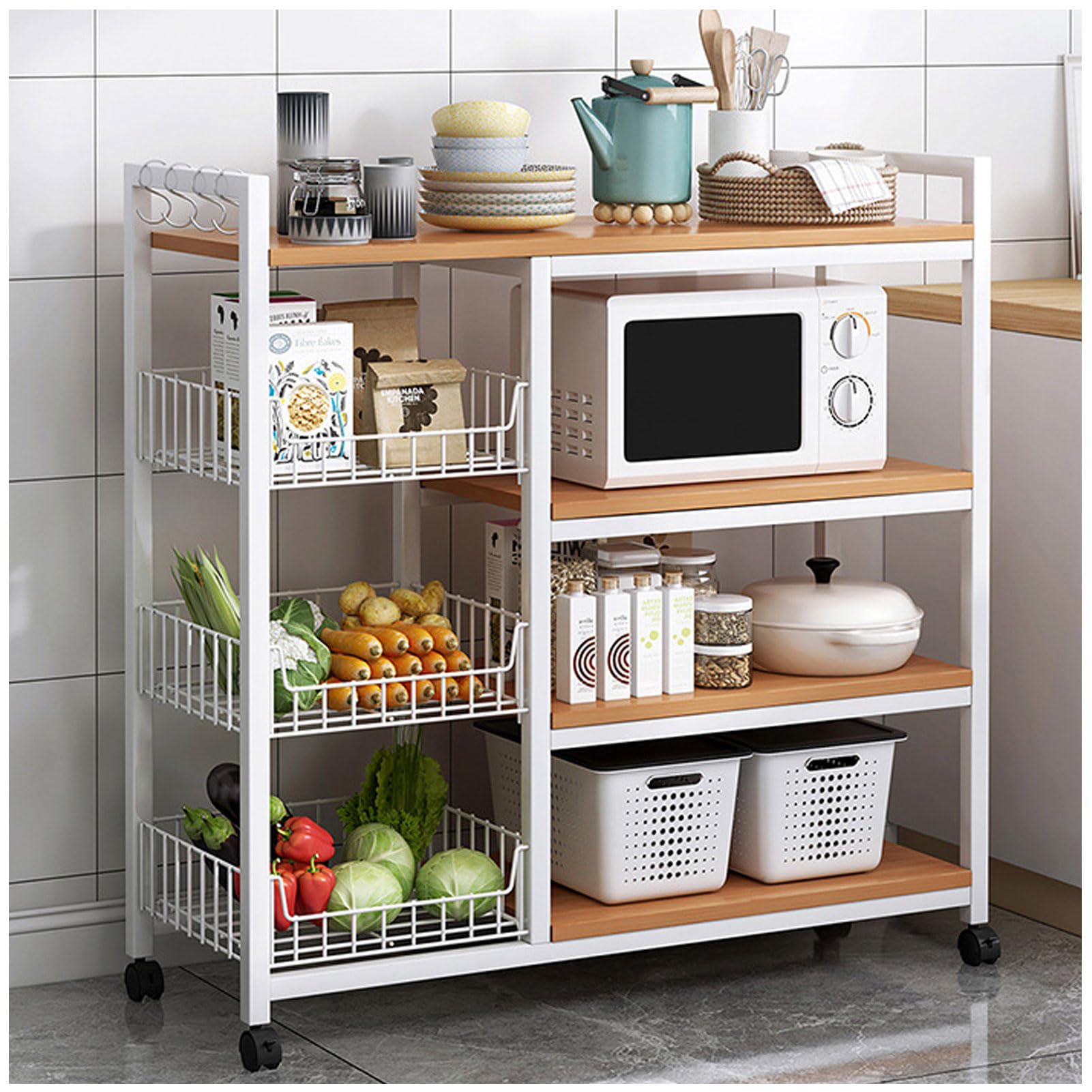 Support micro-ondes pour cuisine ordonnée avec étagères ouvertes en bois