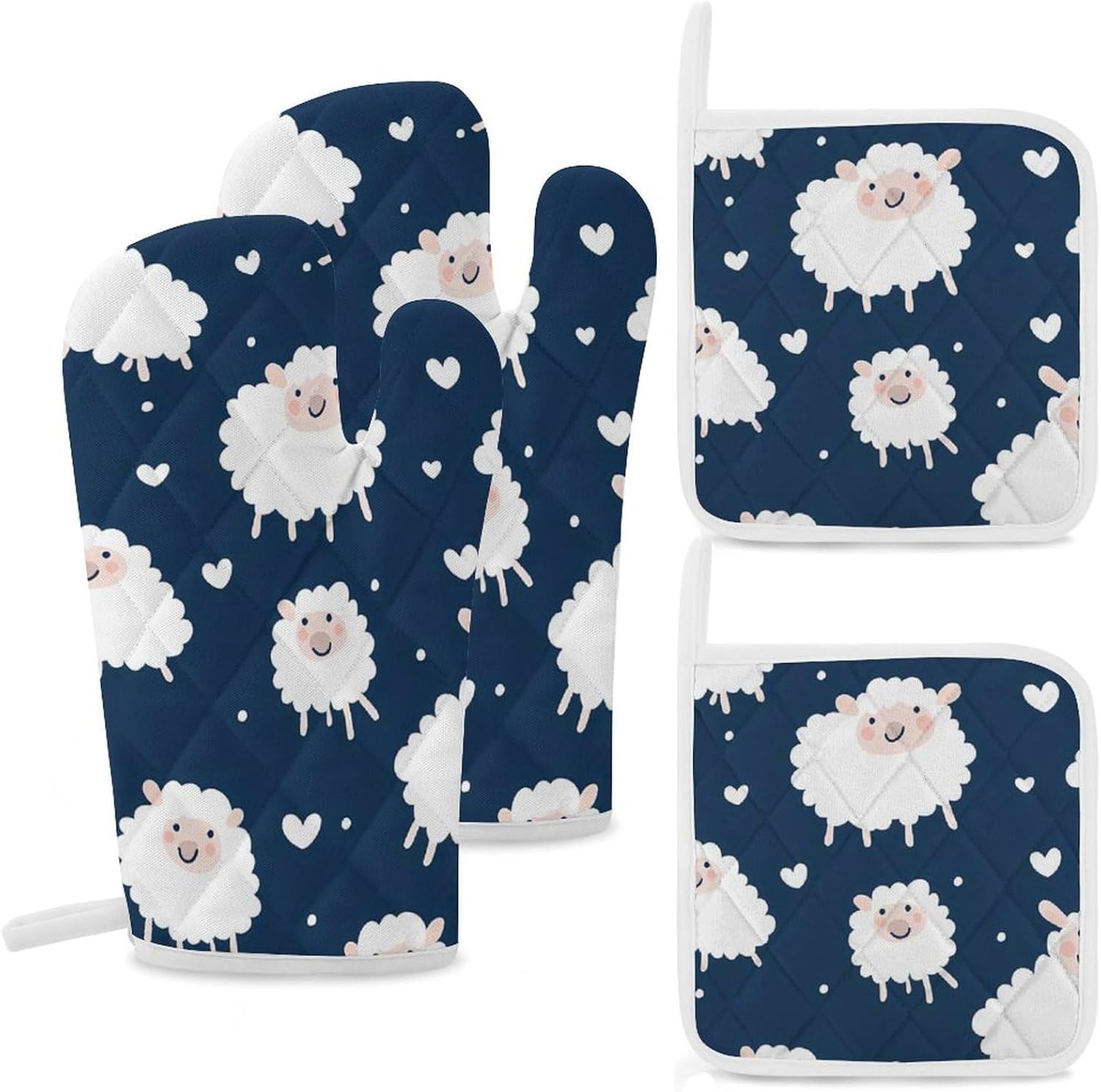 Cute Sheep Pattern Oven Mitts and Pot Holders 4Pcs Set Heat Resistant Cooking Mitts Hot Pads