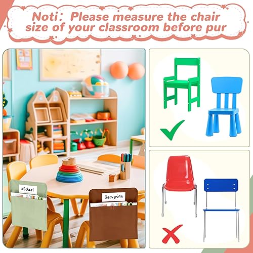 Miniatura 6 de 12 bolsillos para sillas de aula de 17 x 20 pulgadas, sacos de asiento con etiqueta de nombre para silla de aula, tabla de bolsillo para sillas K-2,