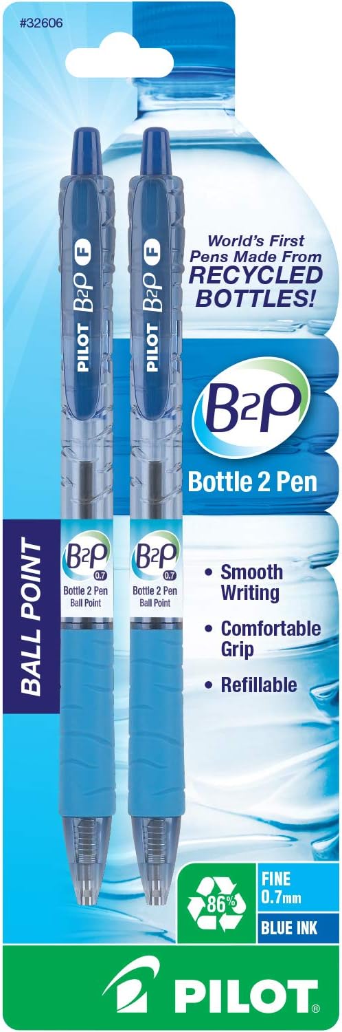 PILOT B2P - Bottle to Pen Refillable & Retractable Ball Point Pen Made From Recycled Bottles, Fine Point, Blue Ink, 2-Pack (32606)