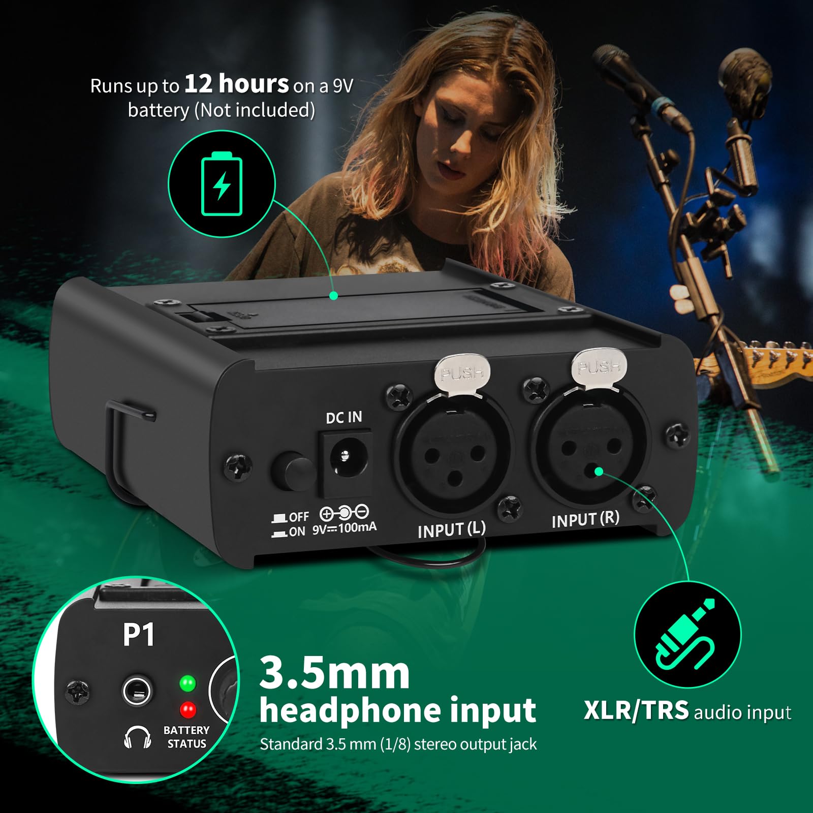 Sistema de monitor intrauditivo personal, amplificador de auriculares ultracompacto con entrada XLR y TRS, mono, mono dual y estéreo