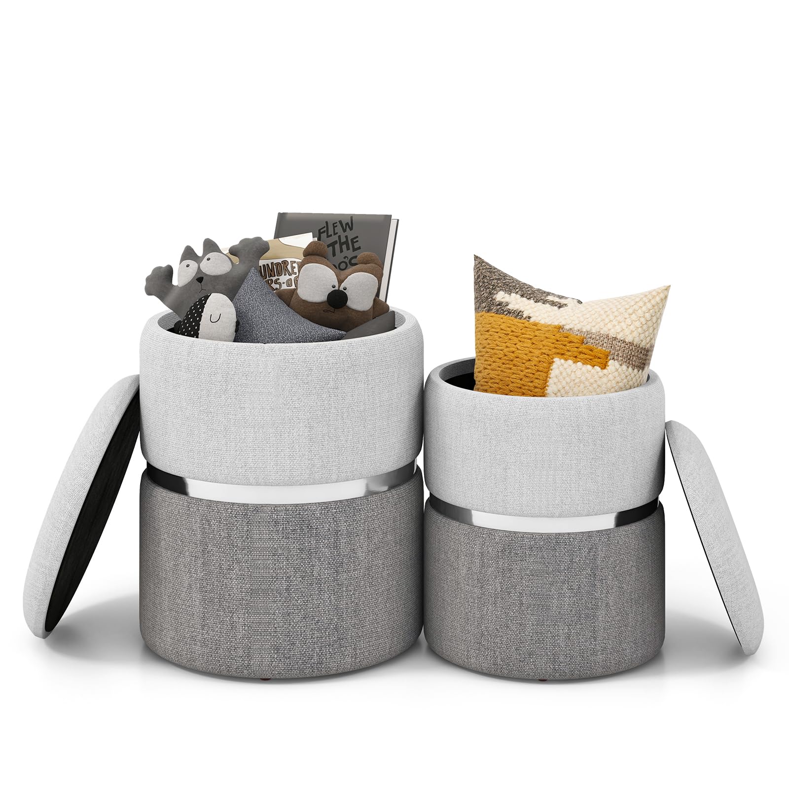 RELAX4LIFE 2er Set Sitzhocker, Pouf Hocker mit 32L + 21L Stauraum, Ottomane aus Samt, Aufbewahrungshocker für Wohnzimmer Schlafzimmer (Grau)