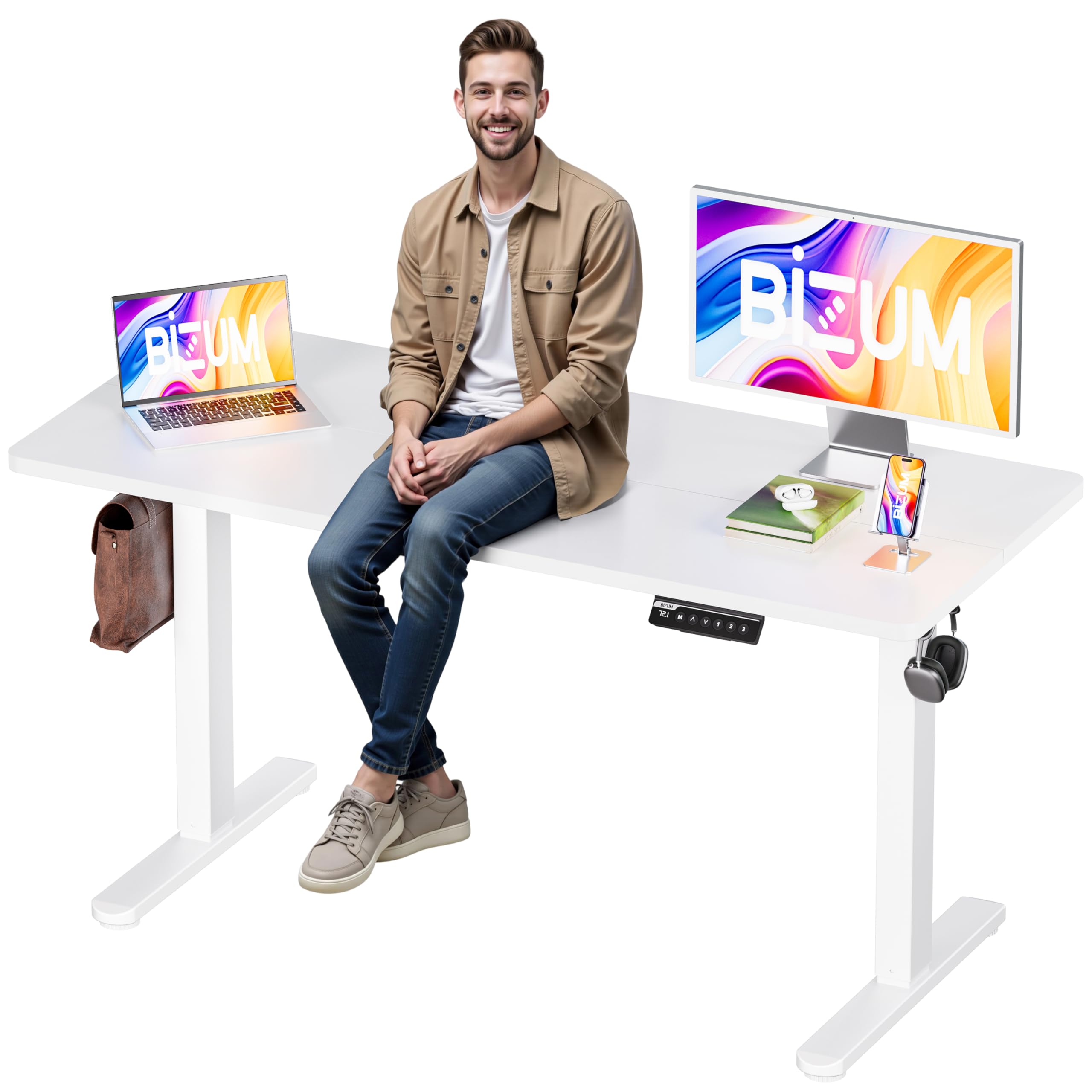 BIZUM Electric Standing Desk 140x60cm Gaming Desk 3 Memory with Splice Board, 70–115cm Lift, 2 Hooks, 80kg Load, Computer Workstation, White