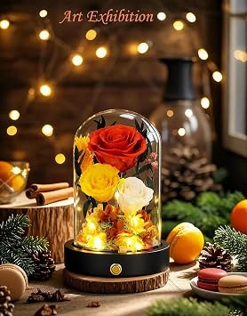 Preserved Flowers Arrangement in Glass Dome, Flowers for Delivery, Valentines Day Gifts for Her, for Mom, Anniversary Birthday Gifts for Women (Orange)
