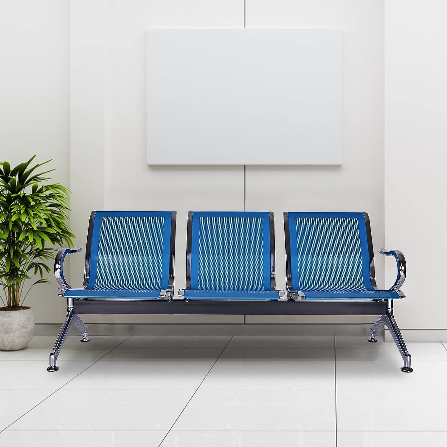 Waiting Room Reception Chairs -3-Seat Airport Reception Chairs with Arms, Office Guest Chairs for Bank, Hospital, Market (Blue)