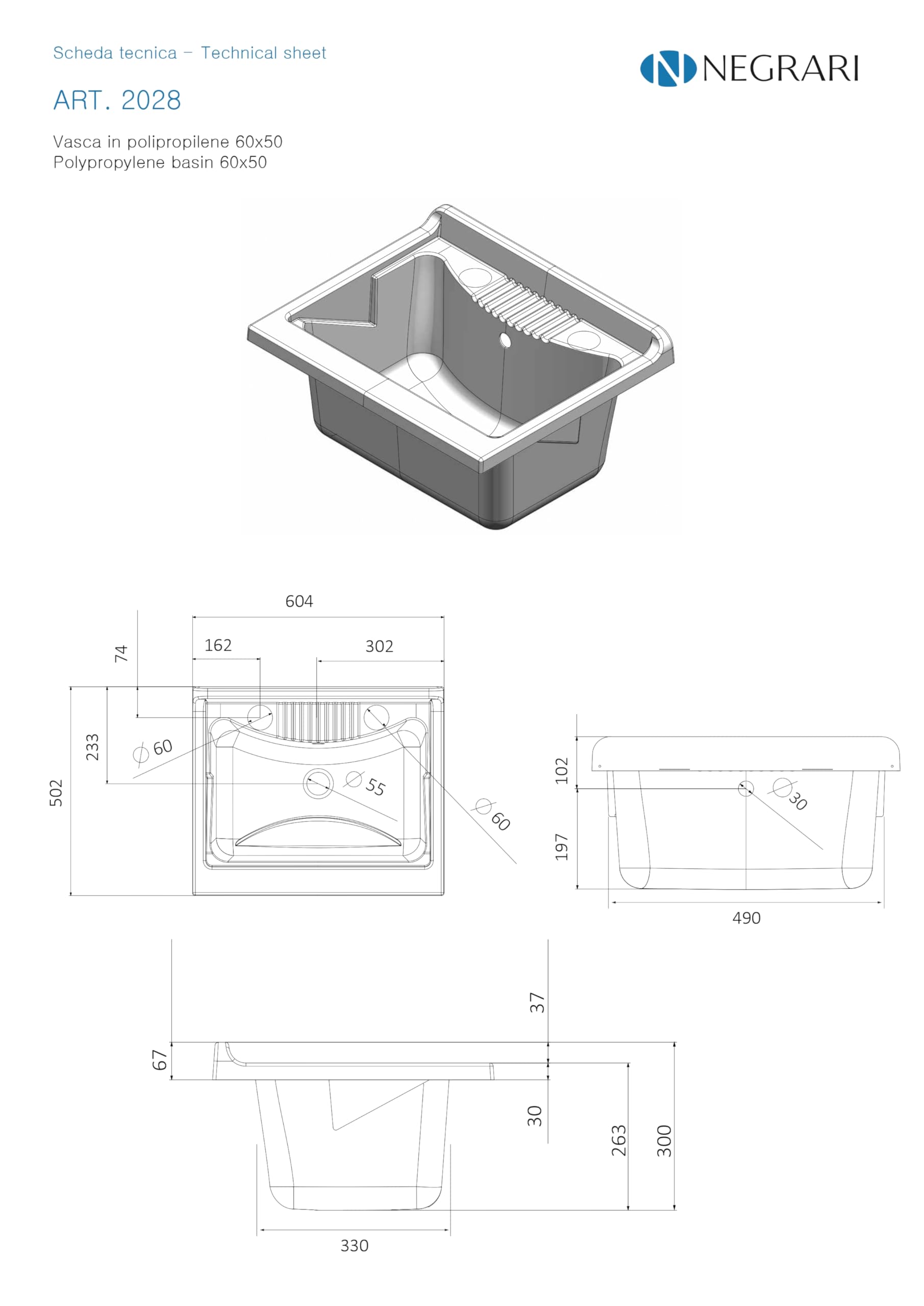 Negrari, Lavatoio Lavapanni in Nobilitato, Kit di montaggio, Vasca resistente agli acidi, Kit di scarico incluso, Interno e Esterno, L60 x P50 x H85 cm, Bianco
