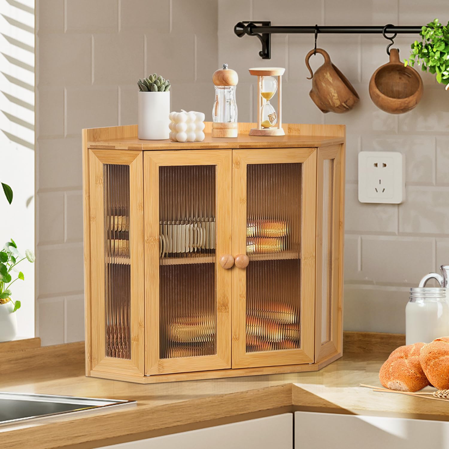 Portapane in Bambù a 2 Livelli, Grande Dimensione, Facile da Montare, Porta Pane in Legno, Ideale per l'Angolo del Piano della Cucina.