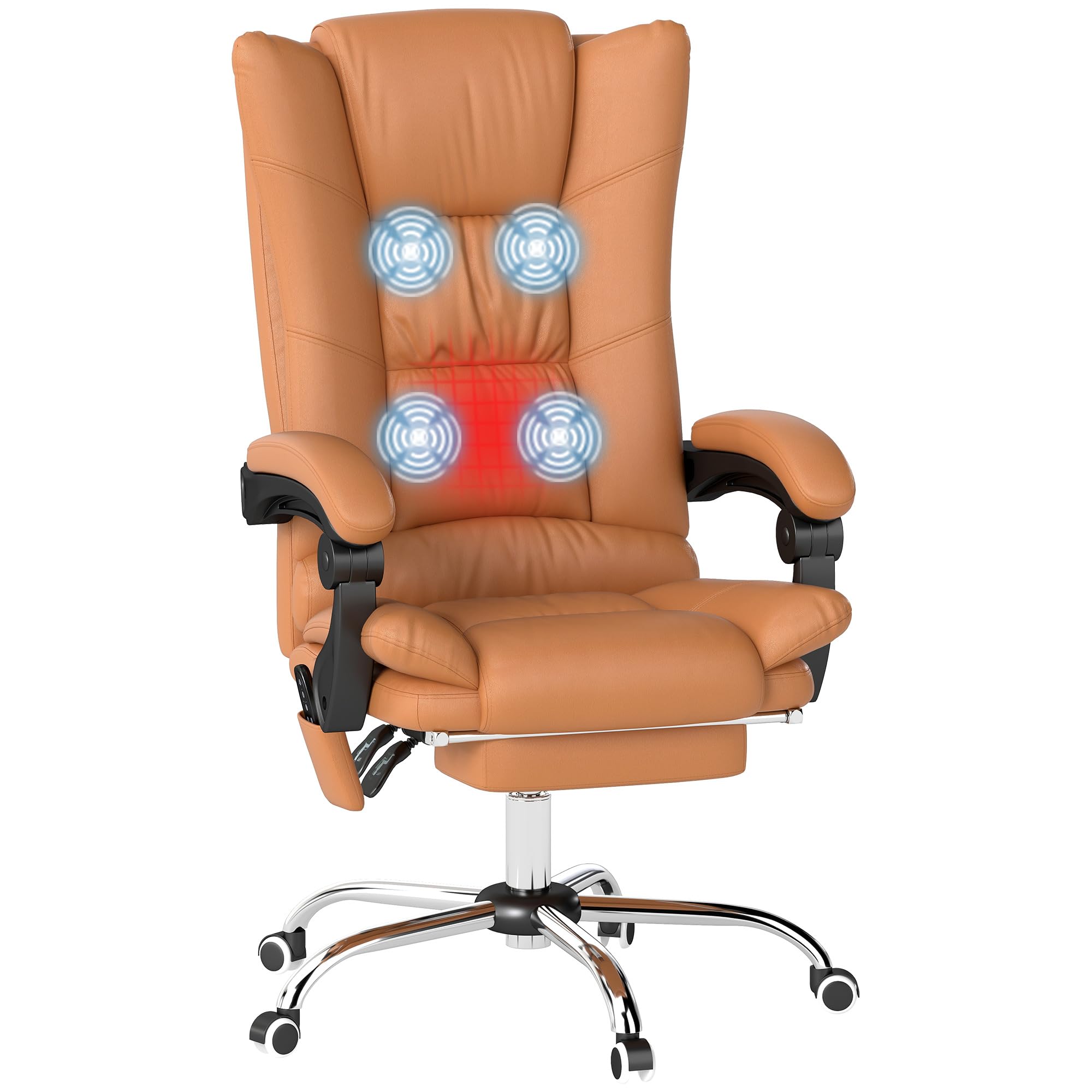 vinsetto executive massage office chair with 4 vibration and heat, 3 modes, pu leather swivel chair with adjustable height, reclining back, and footrest, light brown