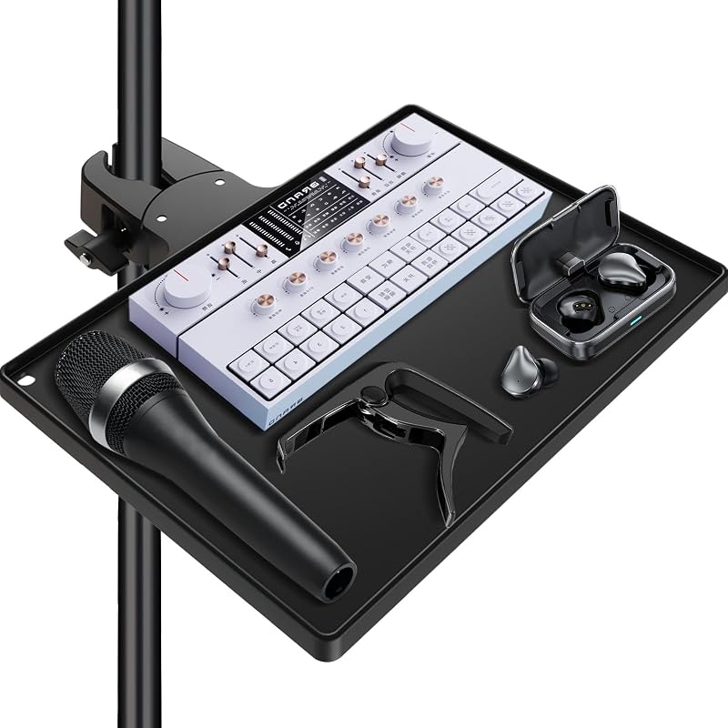 Mic Stand Tray 10.6" x 7.8" Large with Crab Clamp for Mixers & Gear | Sturdy ABS, Firm Grip, Easy ON/OFF, 5.5 lbs Capacity, Clamps on Microphone, Music, Drum Stands & Tripod, for Studio, Podcast