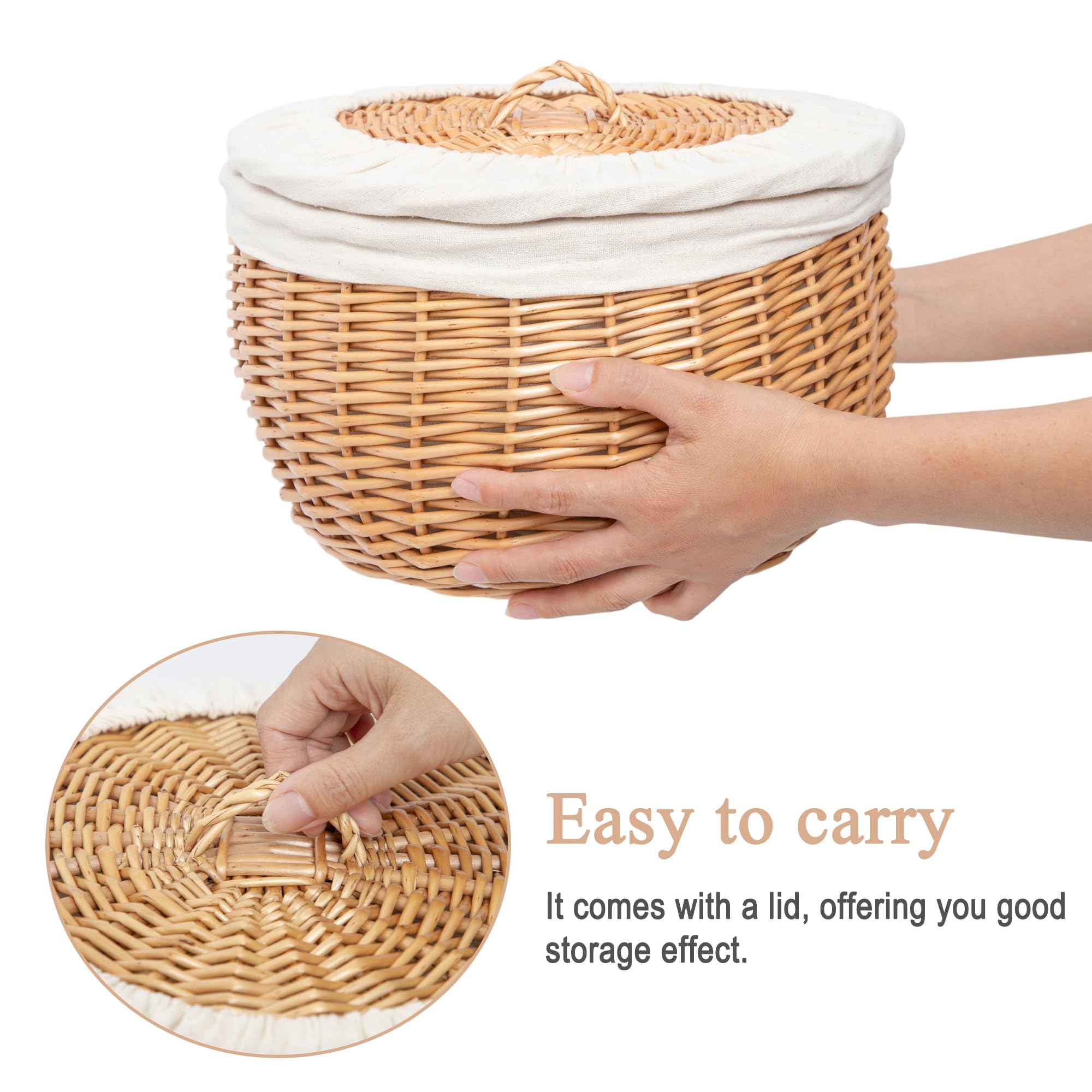 Cestino per il pane in vimini intrecciato a mano, con coperchio e fodera rimovibile, cestino per lievitazione di lievito naturale, ecologico, ideale per picnic e cene (rotondo)