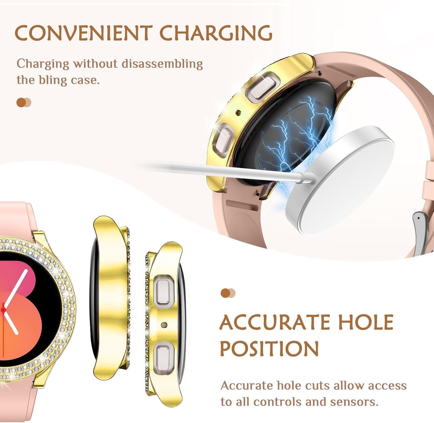 DEALELE [2-PACK] Case Compatible with Samsung Galaxy Watch FE / 5/4 40mm, Bling Double-row Diamond PC Protective Case Protector Cover, 40mm, Gold + Transparent — view 6