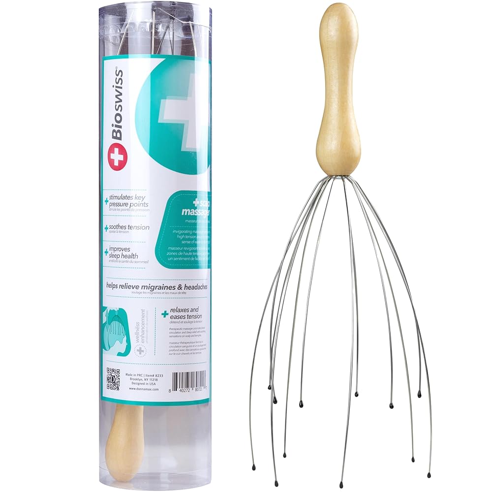 BioSwiss Scalp Massager, Handheld Head and Temple Massage Tool for Relaxation and Hair Stimulation