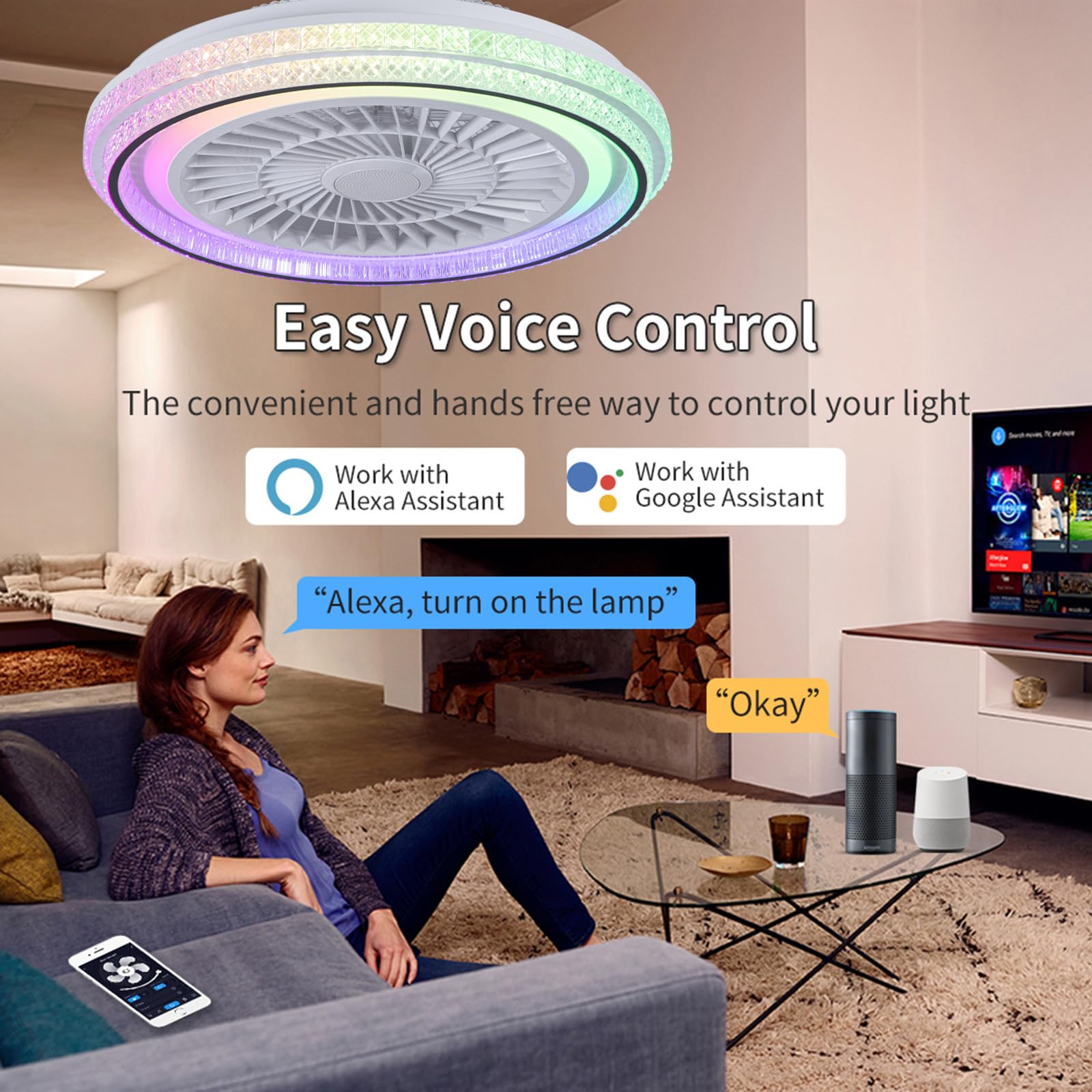 Alexa RGB Lampadario Con Pale Ventilatore E Altoparlante Musicale Bluetooth Bambini Lampada A Led Con Ventilatore Da Soffitto Con Luce E Telecomando 6 Velocità Per Cameretta Soggiorno Festa