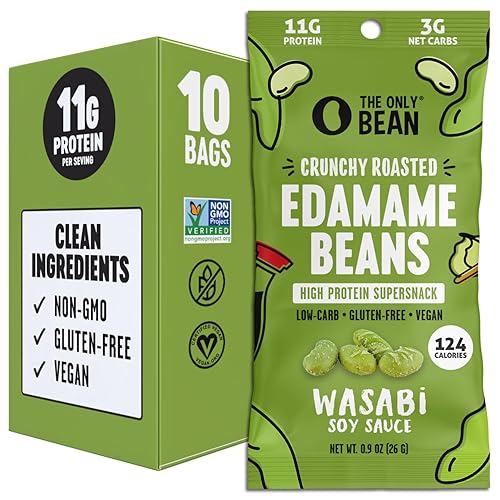 Vista 19 de The Only Bean Crunchy Dry Roasted Edamame Snacks (sal marina), Snack Food, High Protein (0.39 oz), Snack Asiático Japonés Sin gluten, Paquete de 100