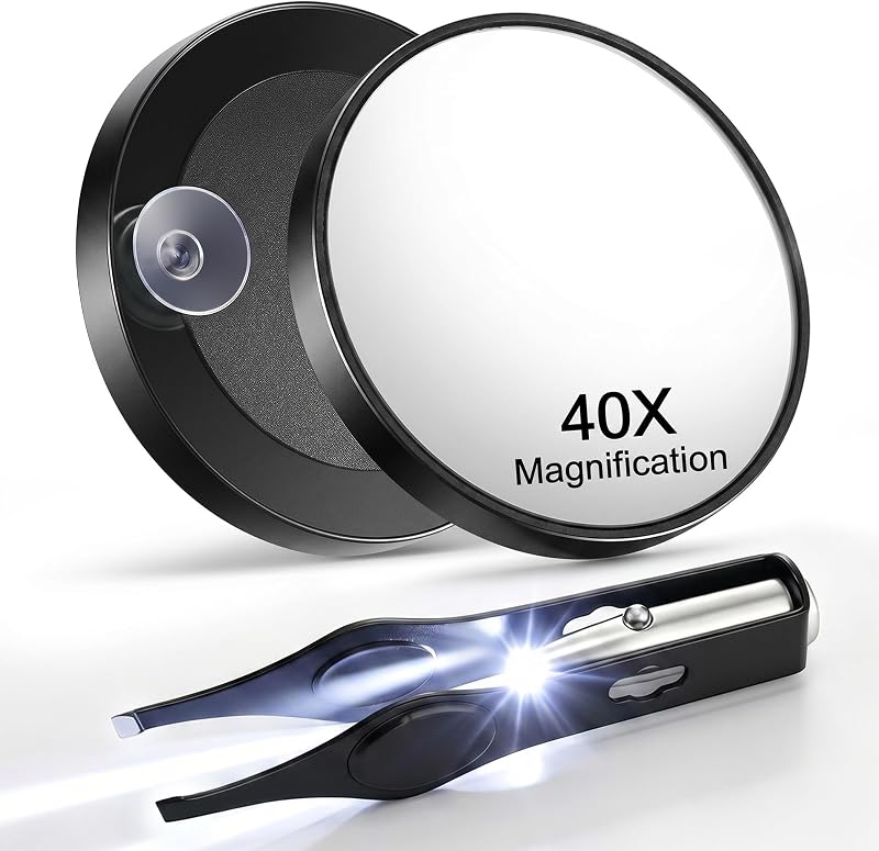 Kit Ceoighe com pinça iluminada por LED e espelho com aumento de 40X e ventosa, preto