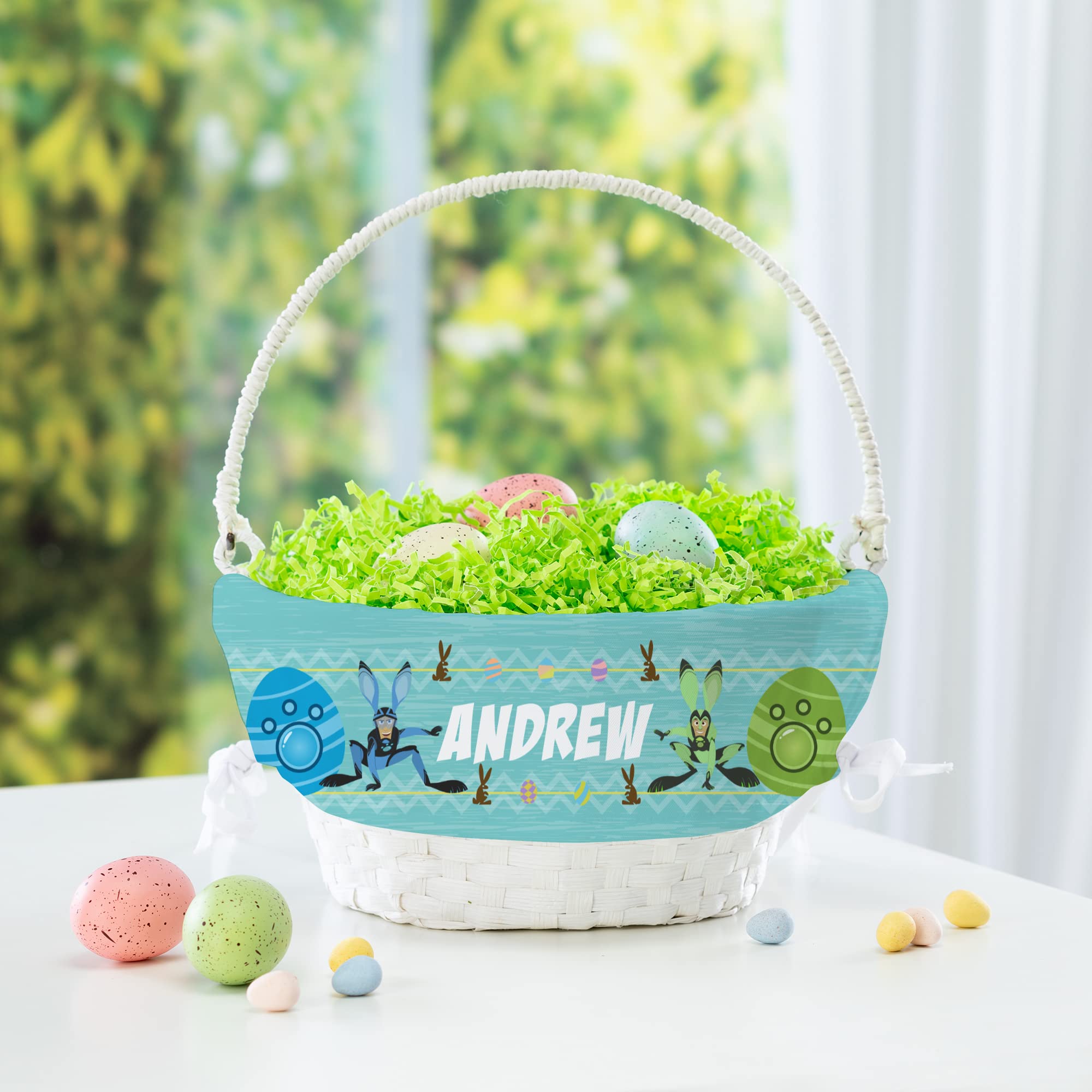 Wild Kratts Personalized Easter Egg Basket with Handle and Custom Name | White Basket with Blue Bunny Power Suits Liner | Woven Easter Baskets for Kids | Customized Easter Basket | Gift for Easter