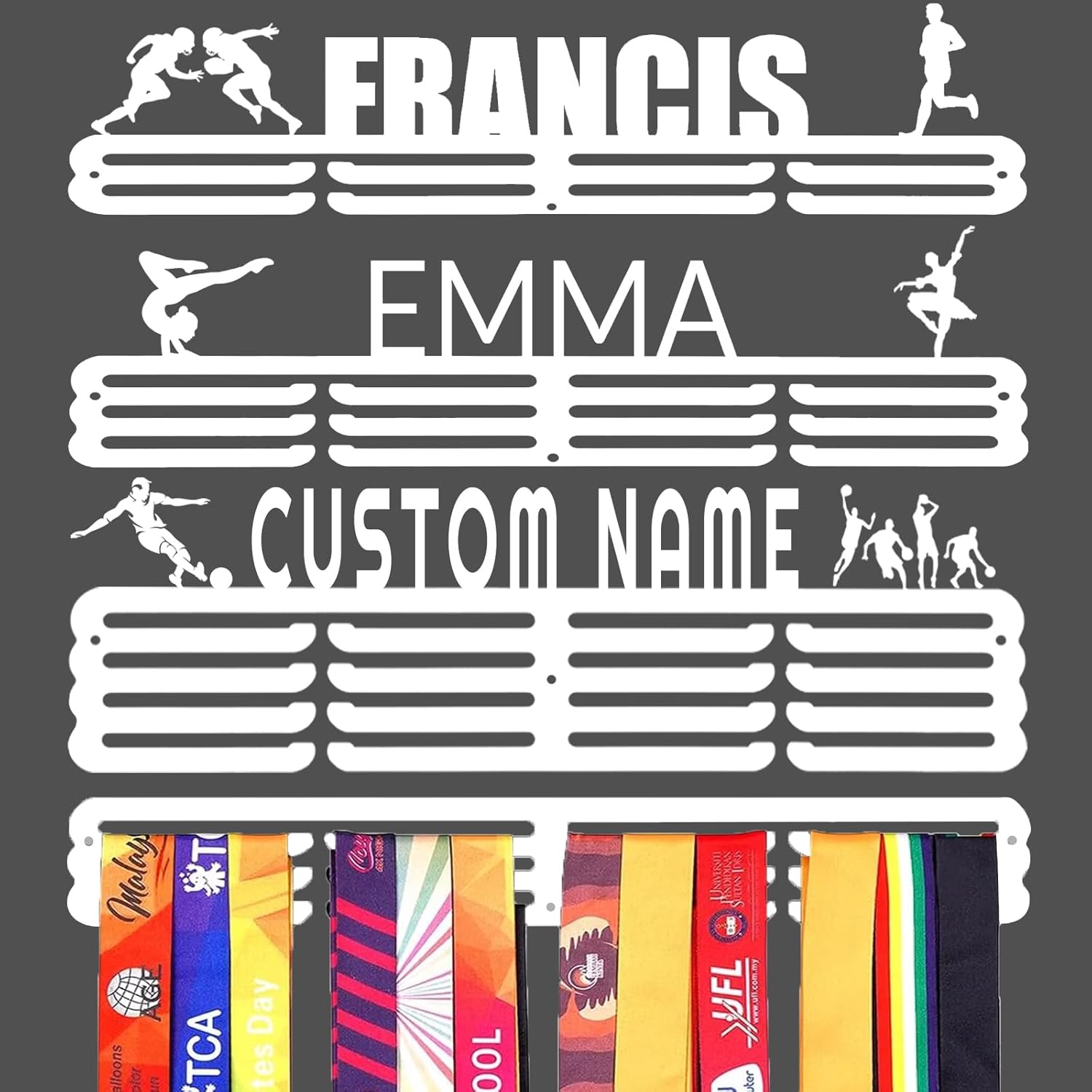 Personalized Medal Holder with Name Display Rack for Awards Ribbons - Metal Custom Sports Race Plaques Hanger for Wall Mount Hold Up 60 Medal Hanger Display for Athlete Boy Girl Kid