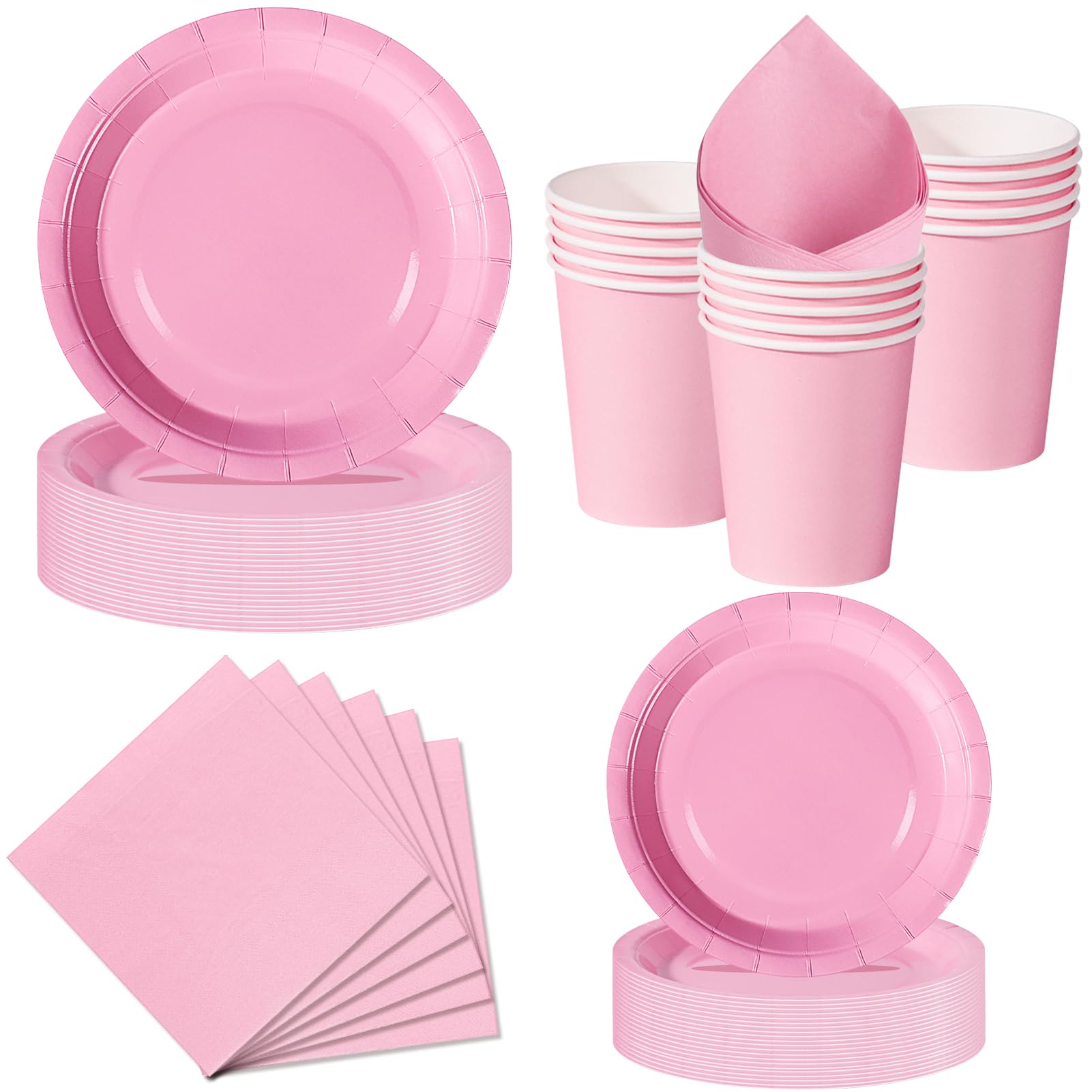 Nkaiso Party Plates Cups and Napkins Set, 50 Piece Pink Party Tableware, Disposable Paper Plates Cups Napkins for Birthday BBQ Picnic Dinnerware Party Supplies