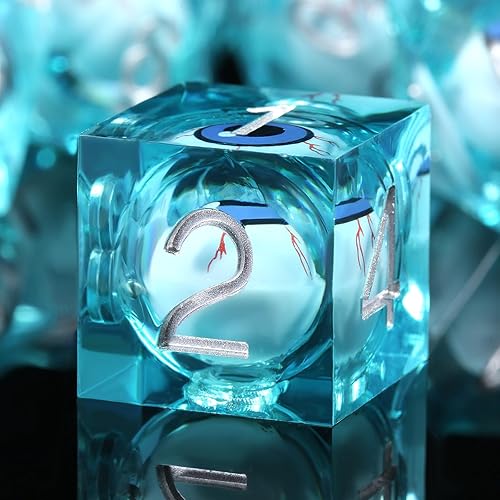 DNDND Dados DND de resina líquida de borde afilado con estuche de regalo para juego de mazmorras y dragones (azul con globo ocular)