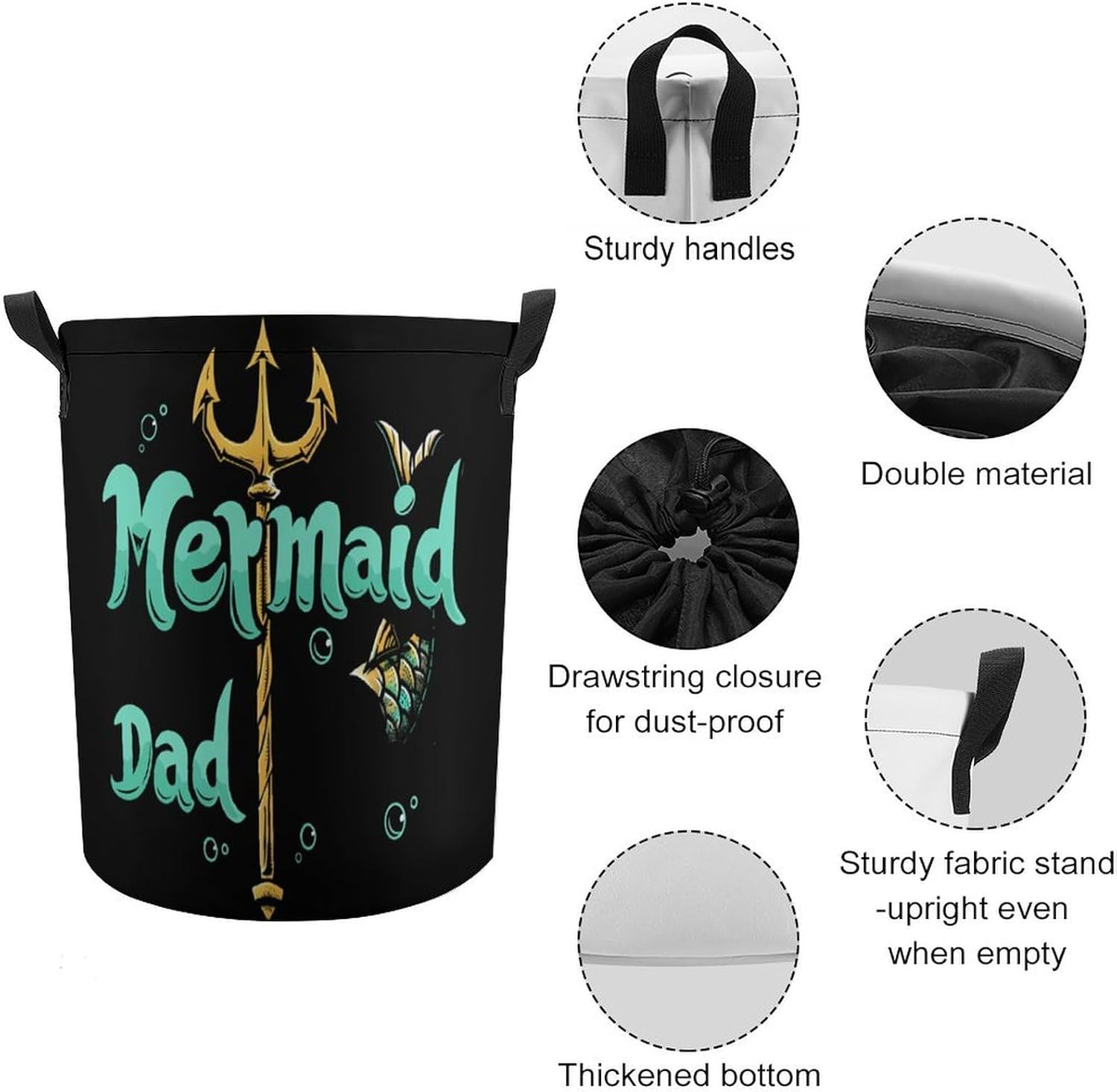 Mermaid Dad Mermaid Laundry Basket Dirty Clothes Hamper Storage Laundry Bag with Handles for Dorm Room 44x44cm