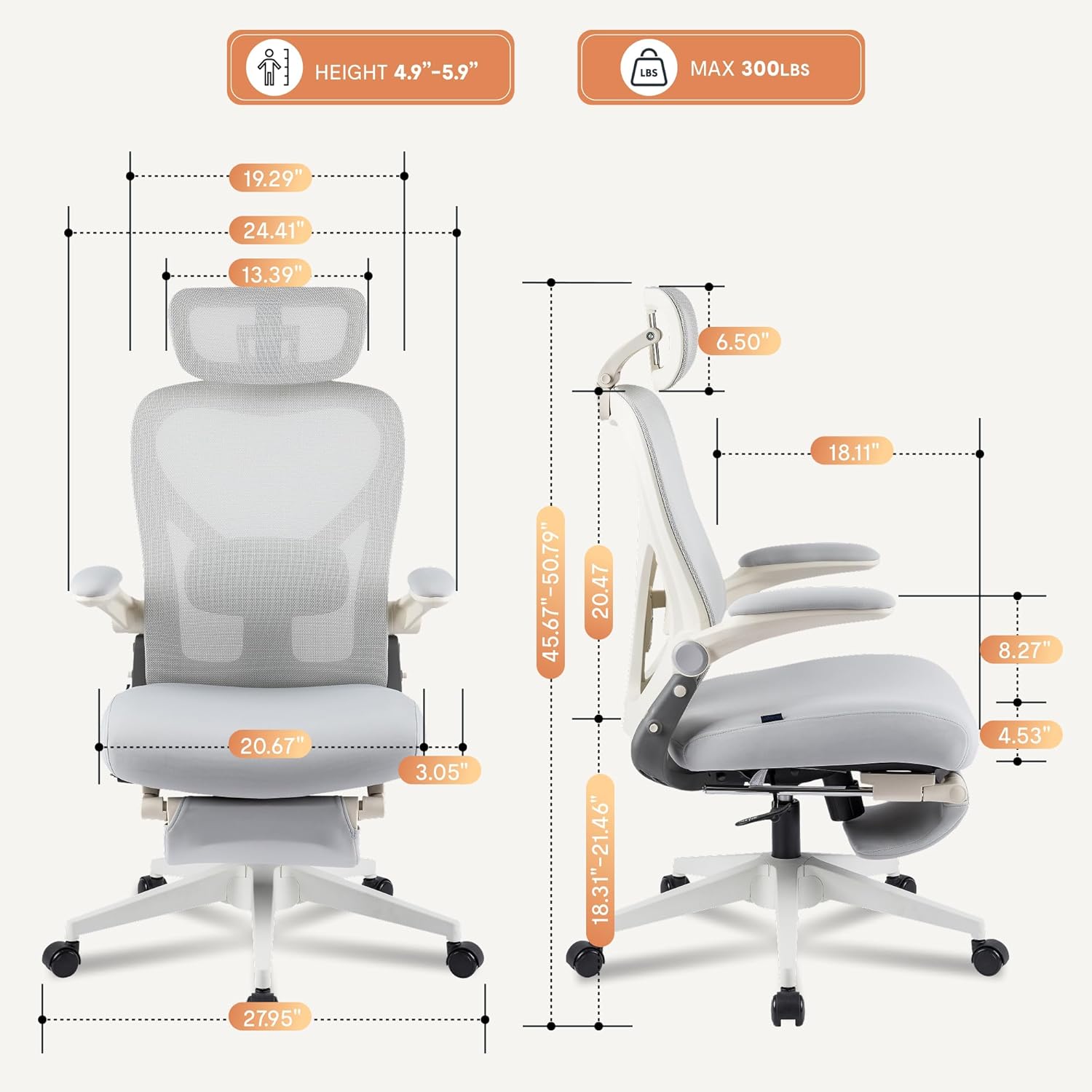 FLEXISPOT Foldex chair dimensions diagram