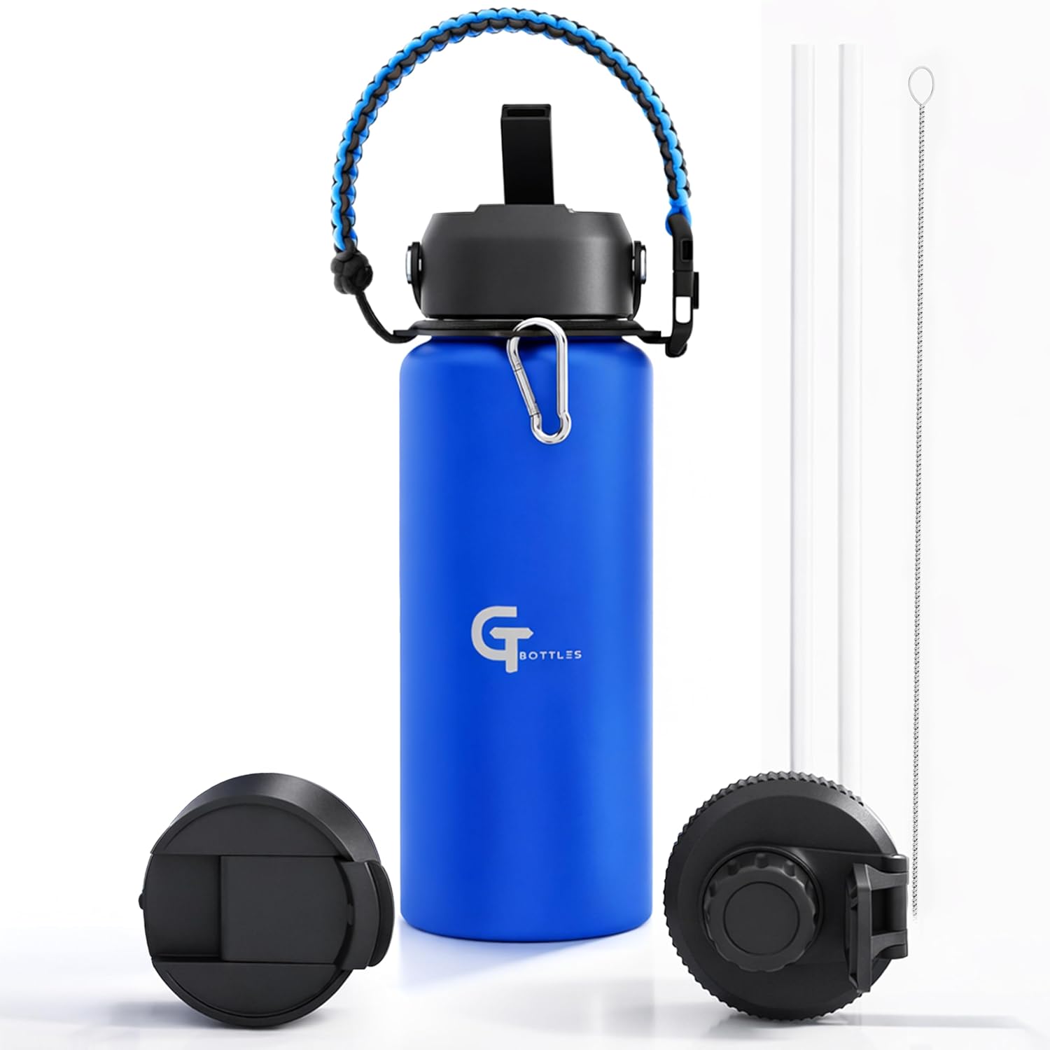 32oz Insulated Stainless Steel Water Bottle with 3 Lids & Paracord Handle – Leakproof Wide Mouth Metal Sports Bottle for Gym, School & Travel (Dark Blue, 32oz)