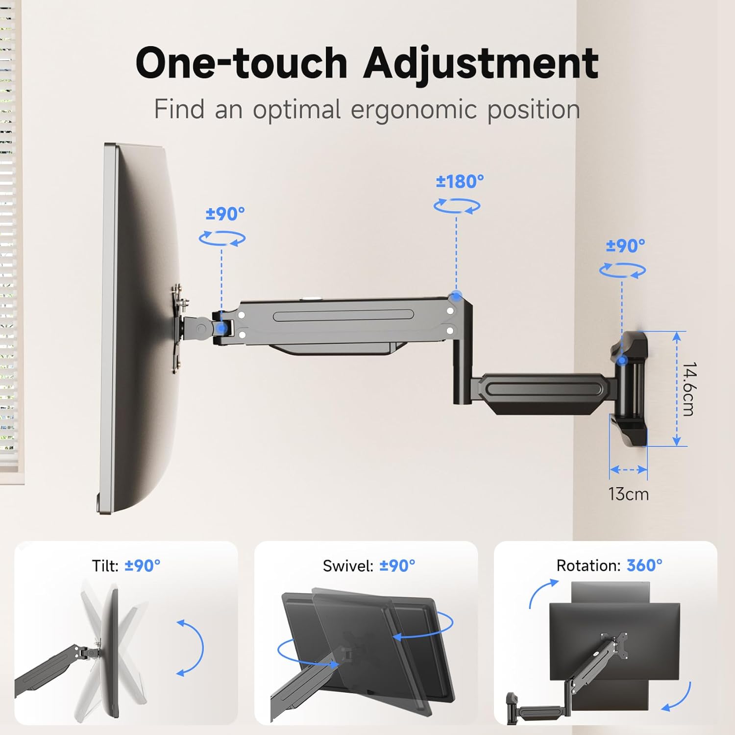 suptek Single Monitor Wall Mount for 13 to 32 Inch Screens, Gas Spring Monitor Arm Wall Mount Holds Up to 10KG/22lbs, Full Motion Adjustable,VESA Mount 75x75/100x100mm(WM18)