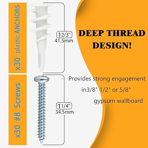 Miniatura 3 de Kit de anclajes y tornillos para paneles de yeso, 60 anclajes de pared y tornillos para paneles de yeso, juego de anclajes de pared seca con