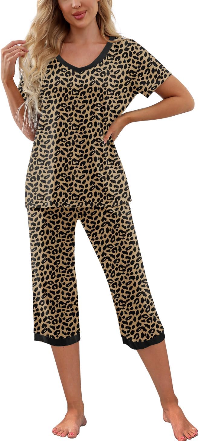 PrinStory Women's Pajama Set Short Sleeve Shirt and Capri Pants Sleepwear Pjs Sets with Pockets XX-Large Fp-leopard Khaki