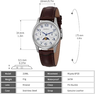 BERNY Silver Watch for Women Moon Phase Watches Ladies Quartz Wristwatch Easy Read Arabic Numerals Dial Multi-Function Analog Watches Stainless Steel Case Sub-dial with Date Day Calendar