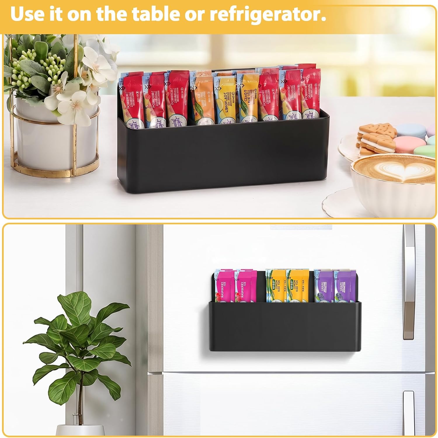 ELLDOO Magnetic Water Drink Packet Organizer, 3 Compartments Tea Bag Organizer Sugar Packet Holder for Pantry Cabinet Fridge, Kitchen Organizers and Storage, Magnetic Pencil Holder (Black)