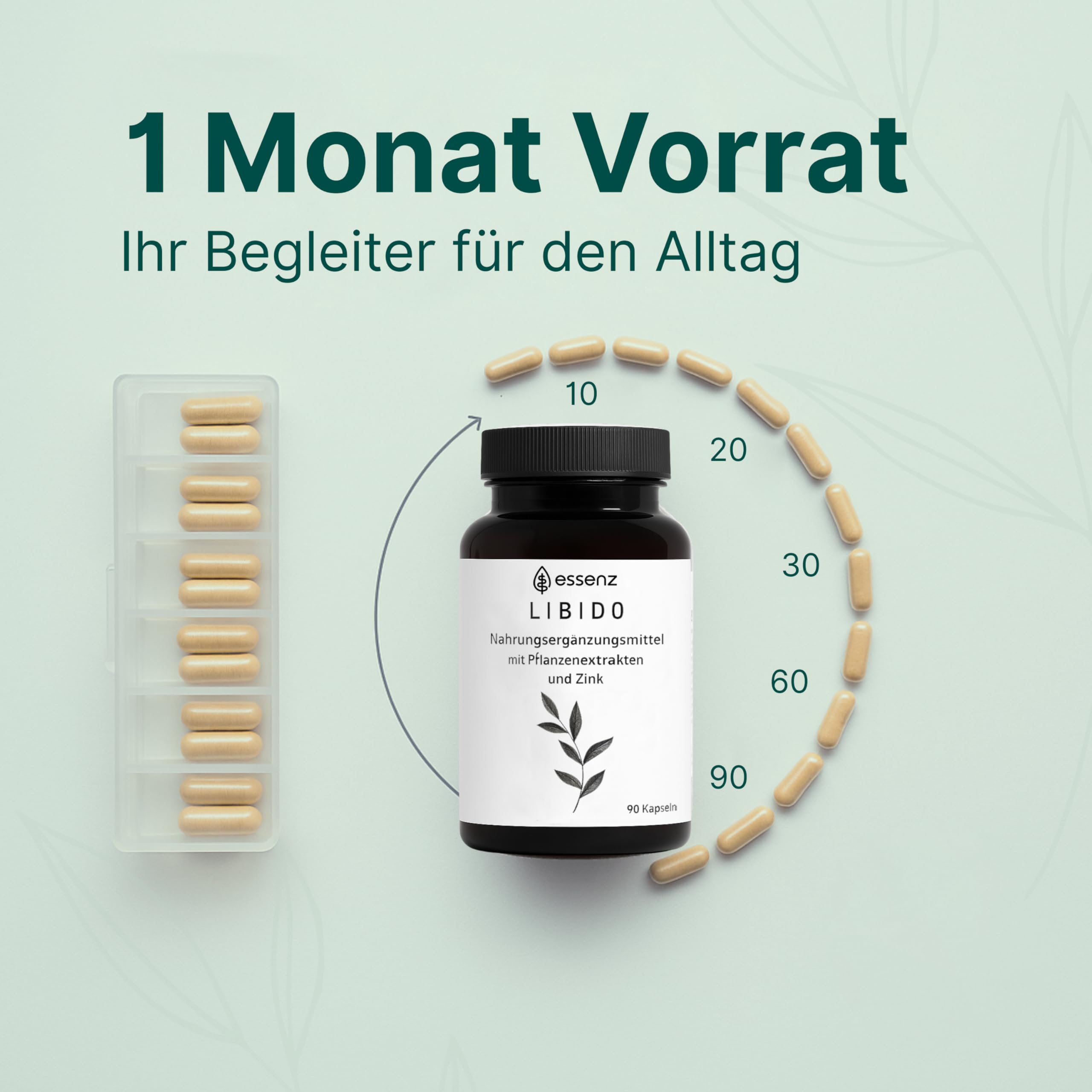 ESSENZ Maca Komplex - Kapseln mit Macawurzel, Ashwagandha & Bockshornklee – Nahrungsergänzungsmittel mit Pflanzenextrakten & Zink – vegan