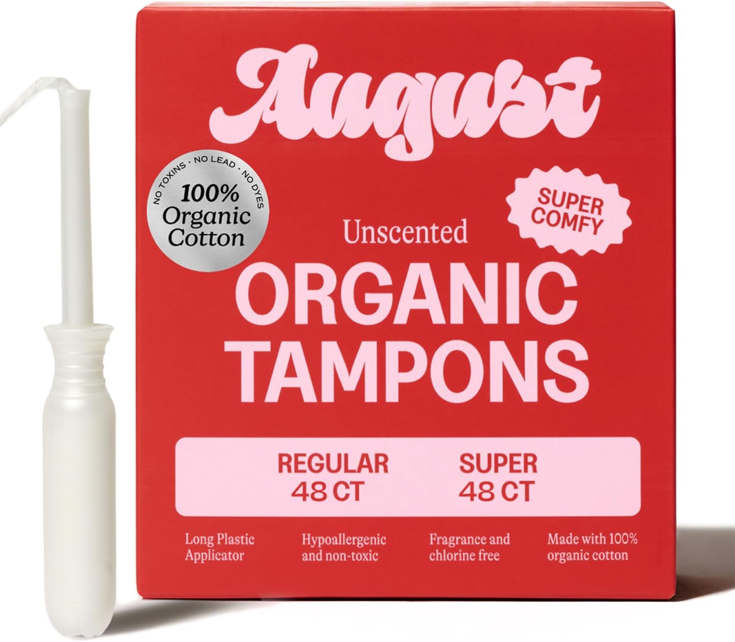 August Super + Regular Tampons - 96-Pack (6 Packs of 16) 100% Organic Cotton Tampons for Women and Anyone Who Menstruates, Non-Toxic, Fragrance-Free, and Hypoallergenic with Long Applicators