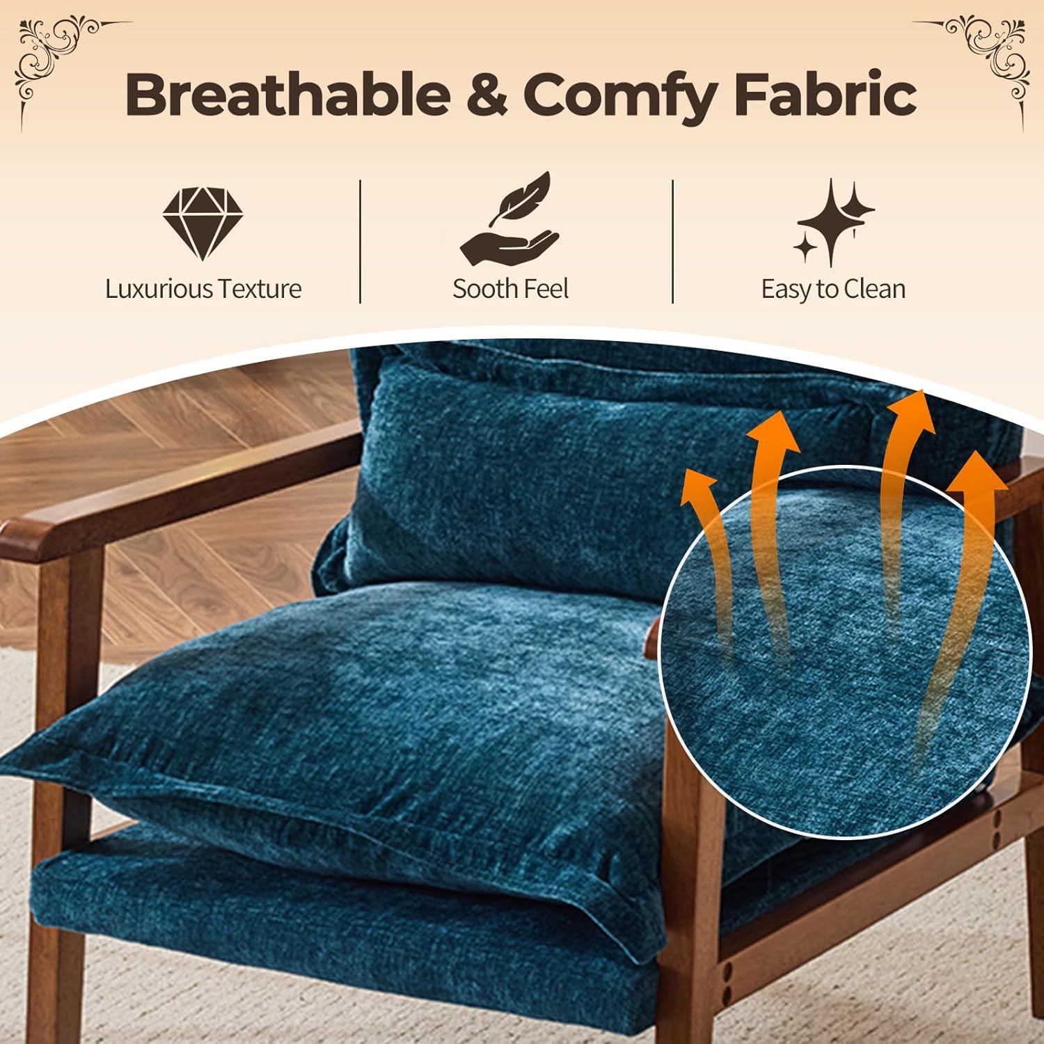 Karl home Plush Chenille Accent Chair with Lumbar Pillow & Ruffled Design Cozy Lounge Chair for Living Room, Bedroom, Reading Corner, Blue & Green